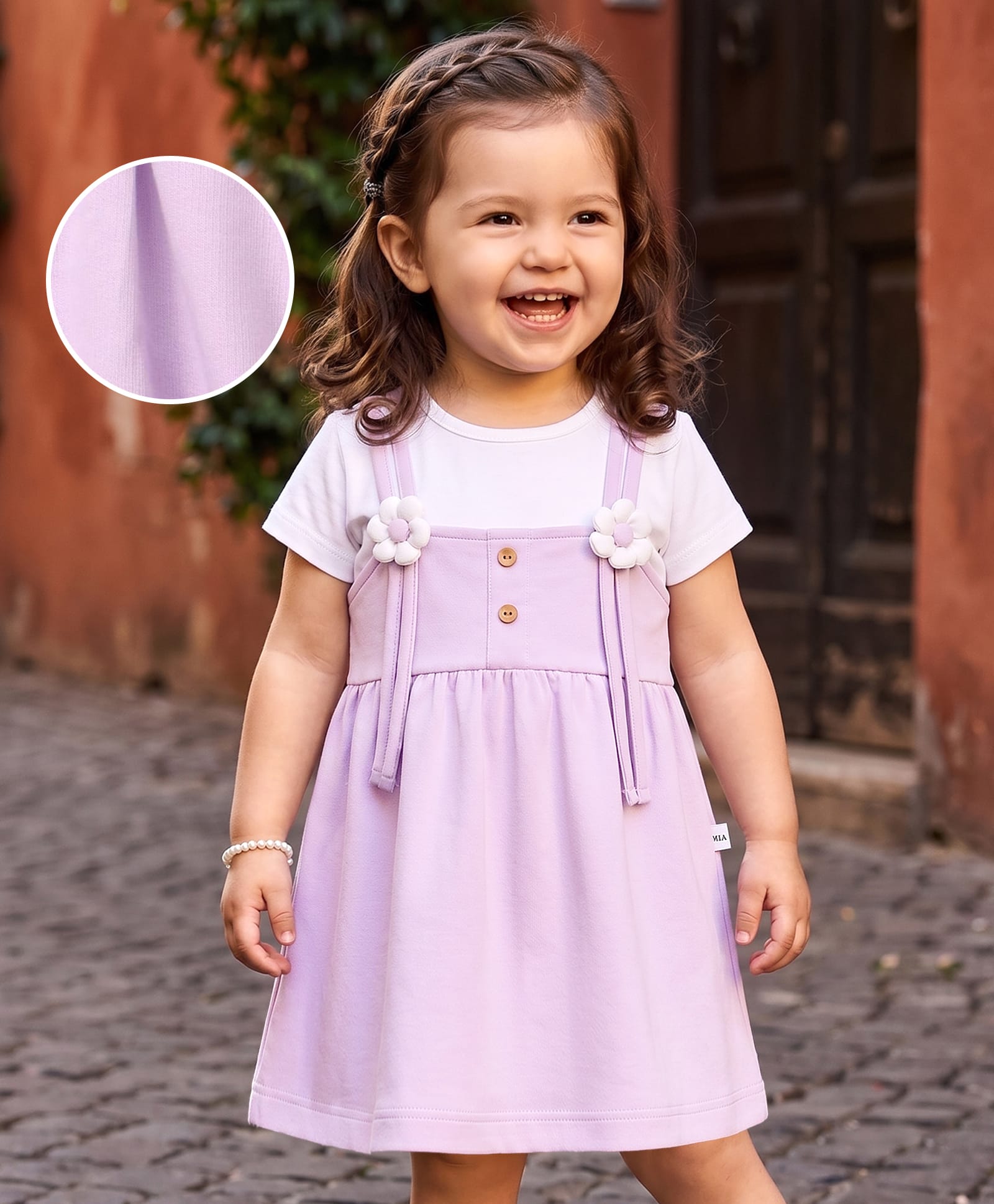 Mark & Mia Cotton Knit Half Sleeves Frock With Floral Applique - Purple-picture-20