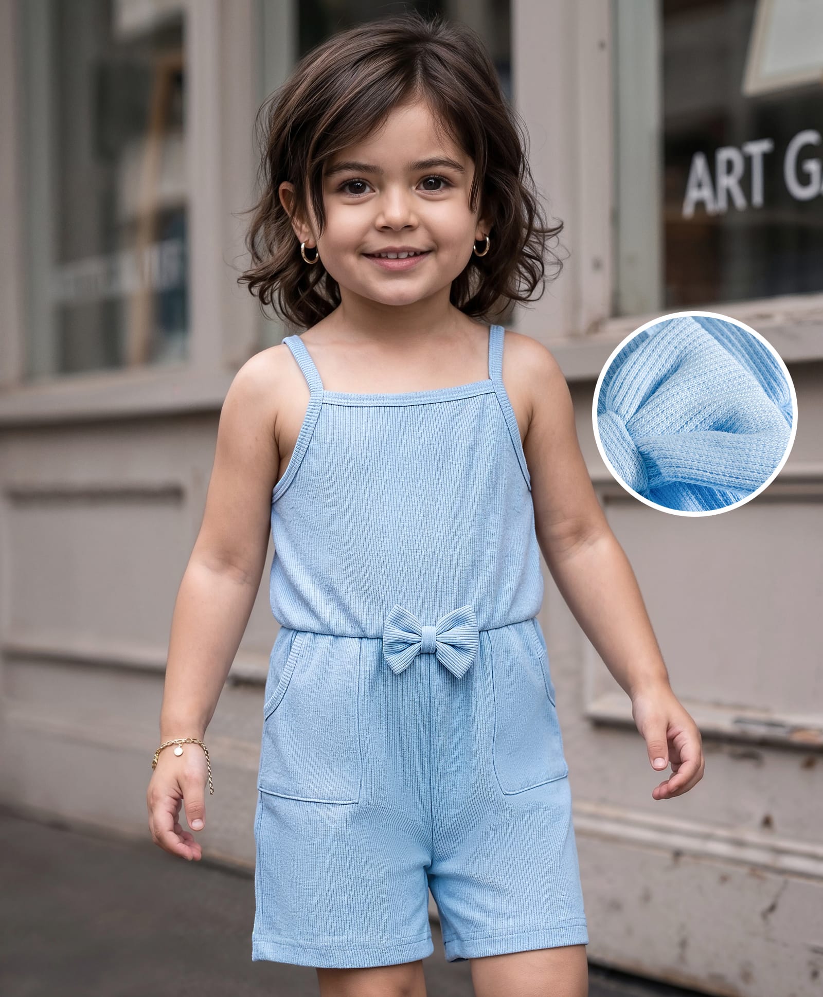 Mark & Mia Knitted Sleeveless Solid Colour Jumpsuit with Bow Applique - Light Blue-picture-38
