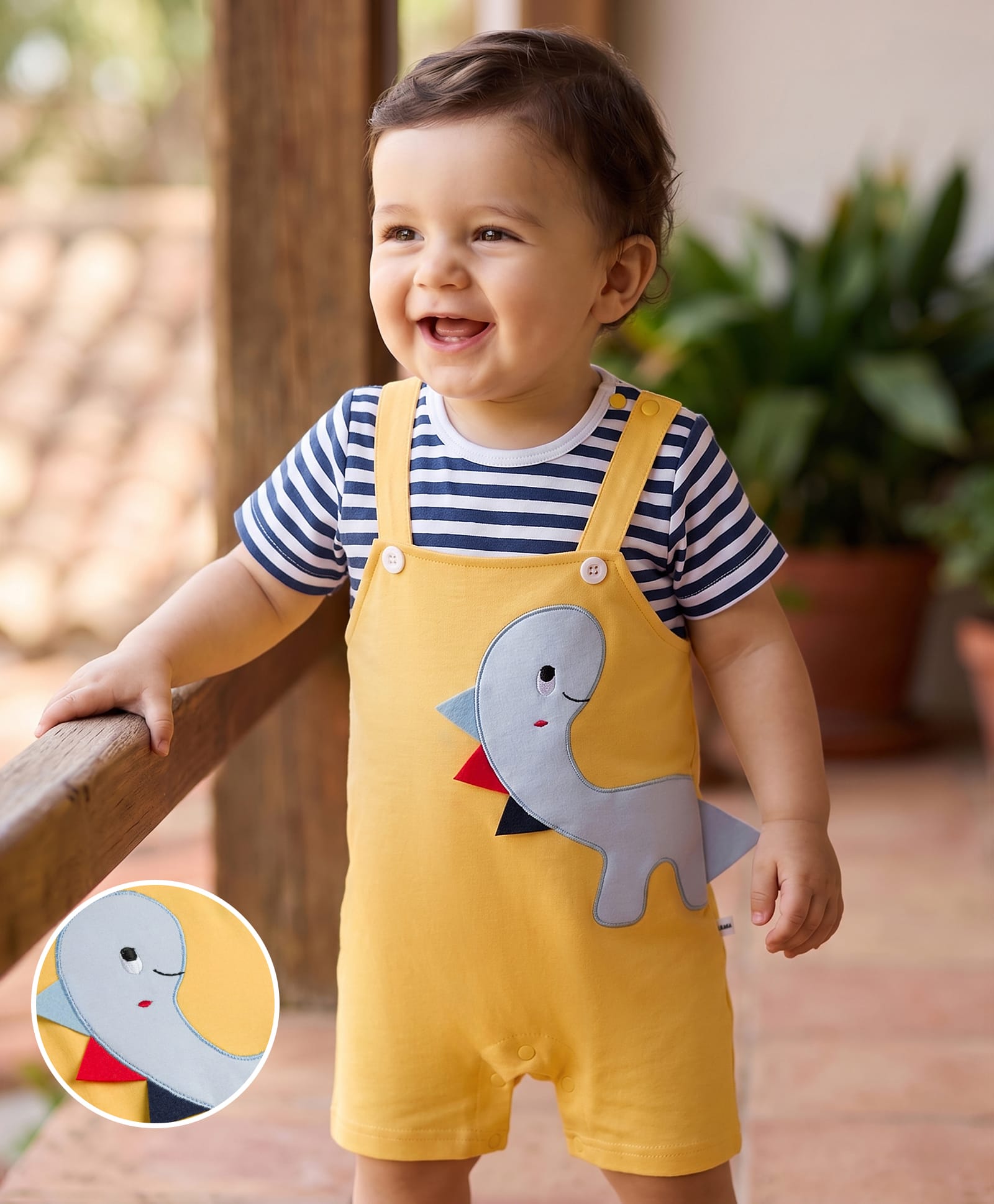 Mark & Mia Knit Half Sleeves Striped Romper With Dino Patch & Applique - Multicolor-image-33
