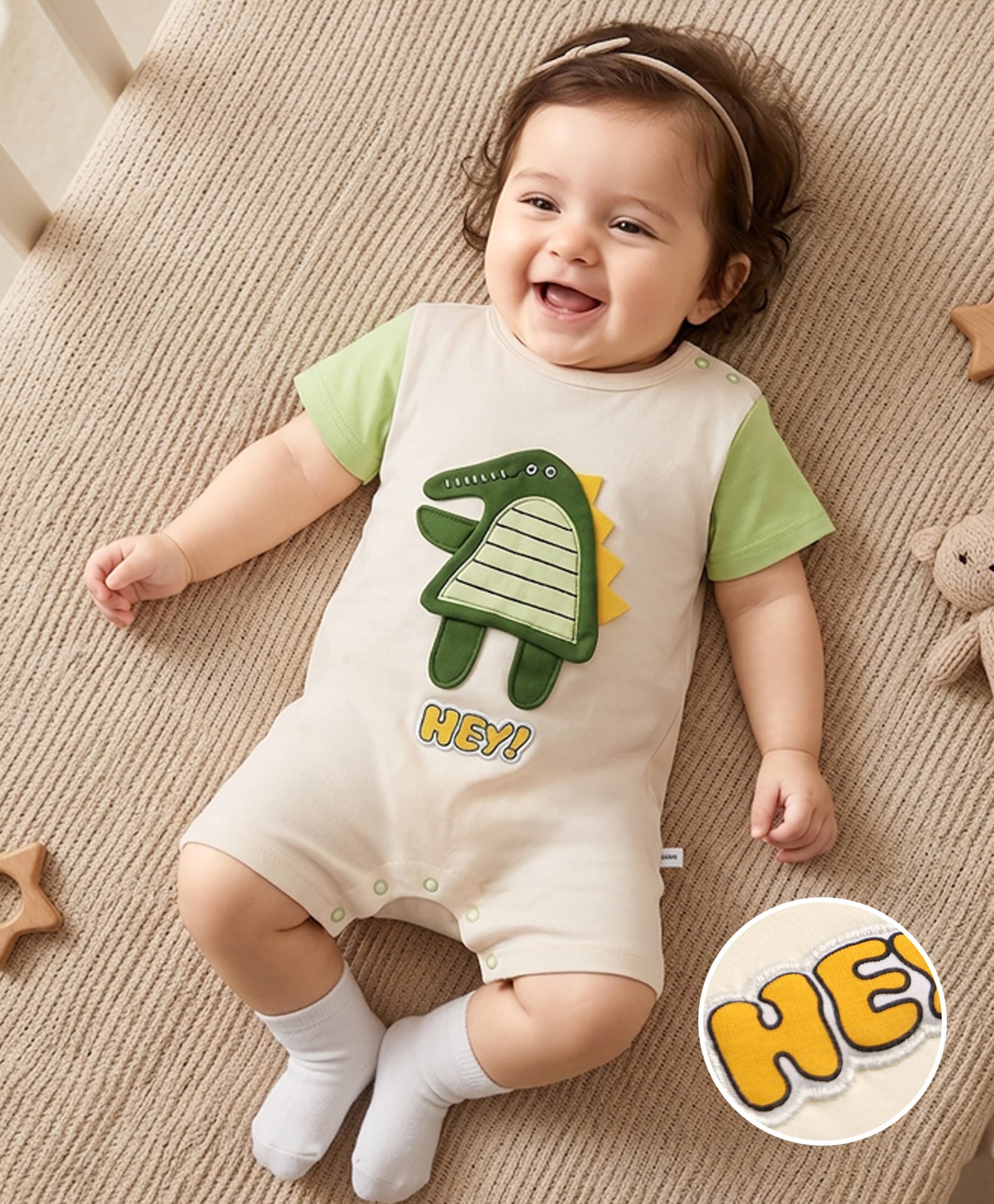 Mark & Mia Knitted Half Sleeves Romper With Crocodile Applique - Multicolor-image-19