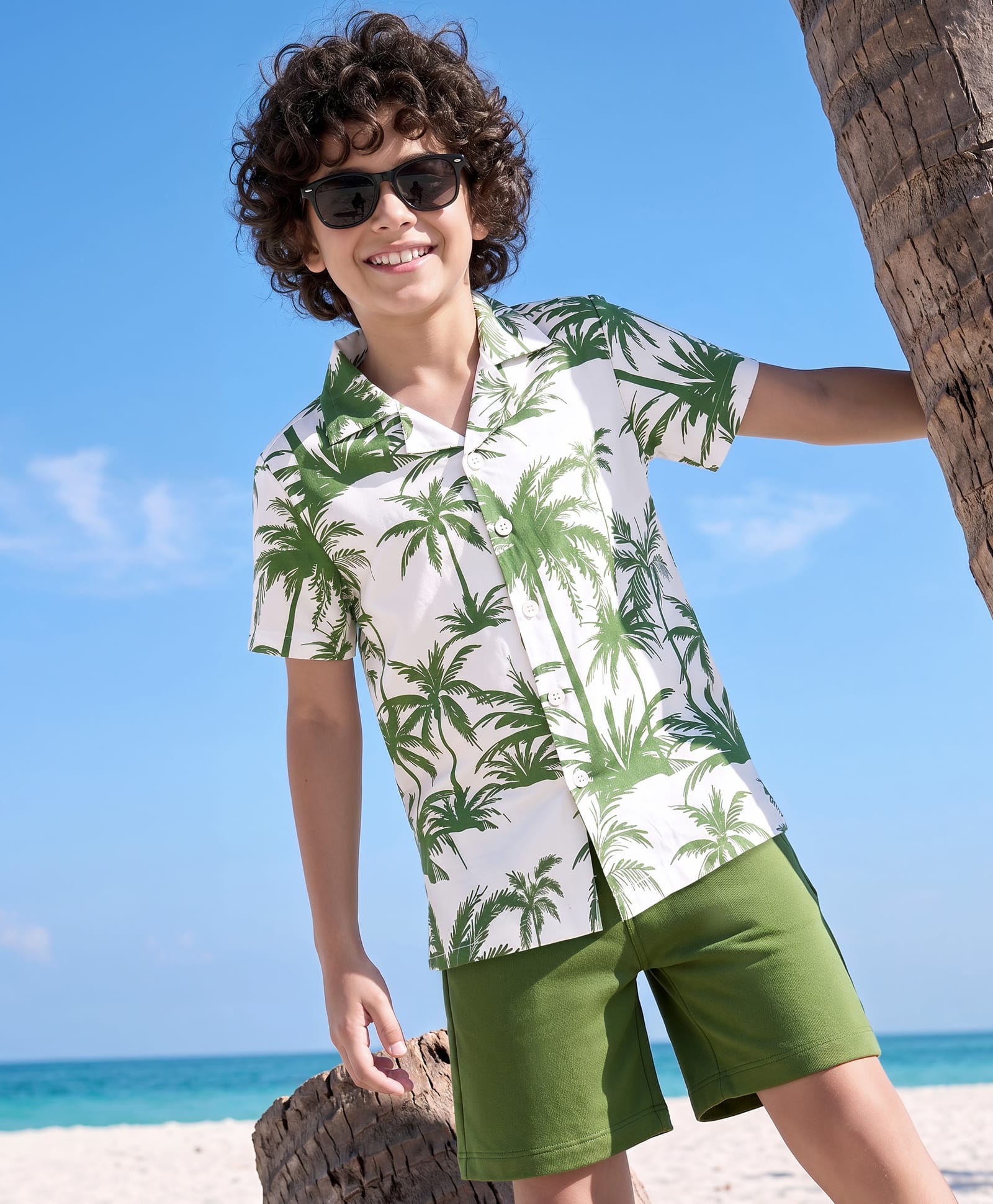 OLLINGTON ST. Cotton Knit Half Sleeve Beach Theme Printed Shirt & Shorts Set - Multicolor & Teal-image-17