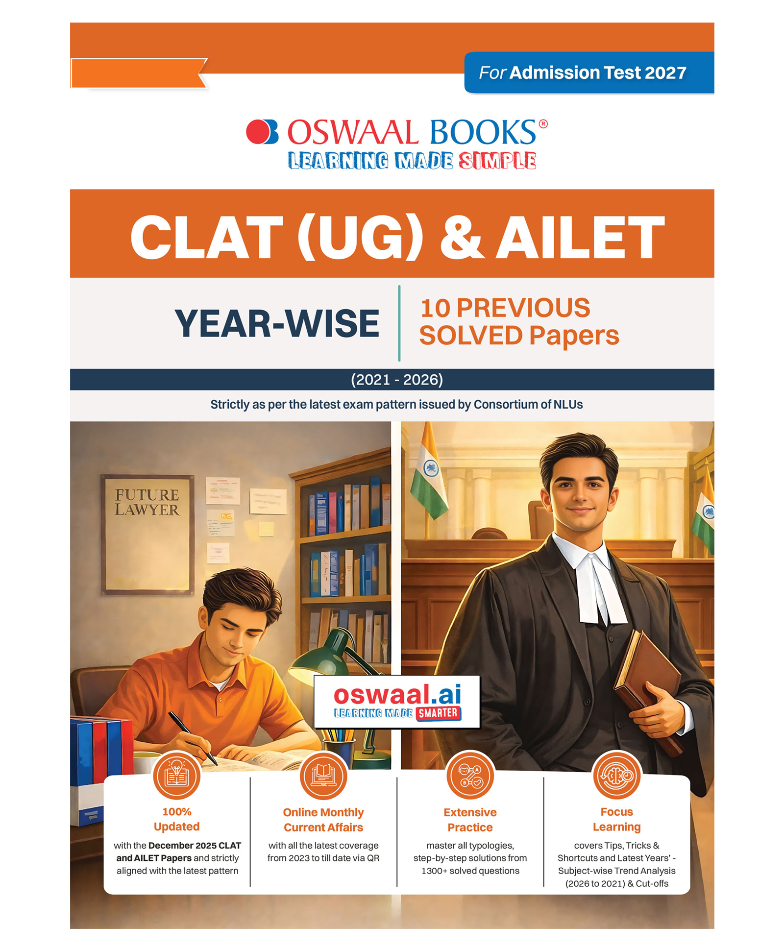 OSWAAL BOOKS CLAT (UG) & AILET| Year-wise| 10 Previous Solved Papers| (2021-2026)| For 2027 Admission Test