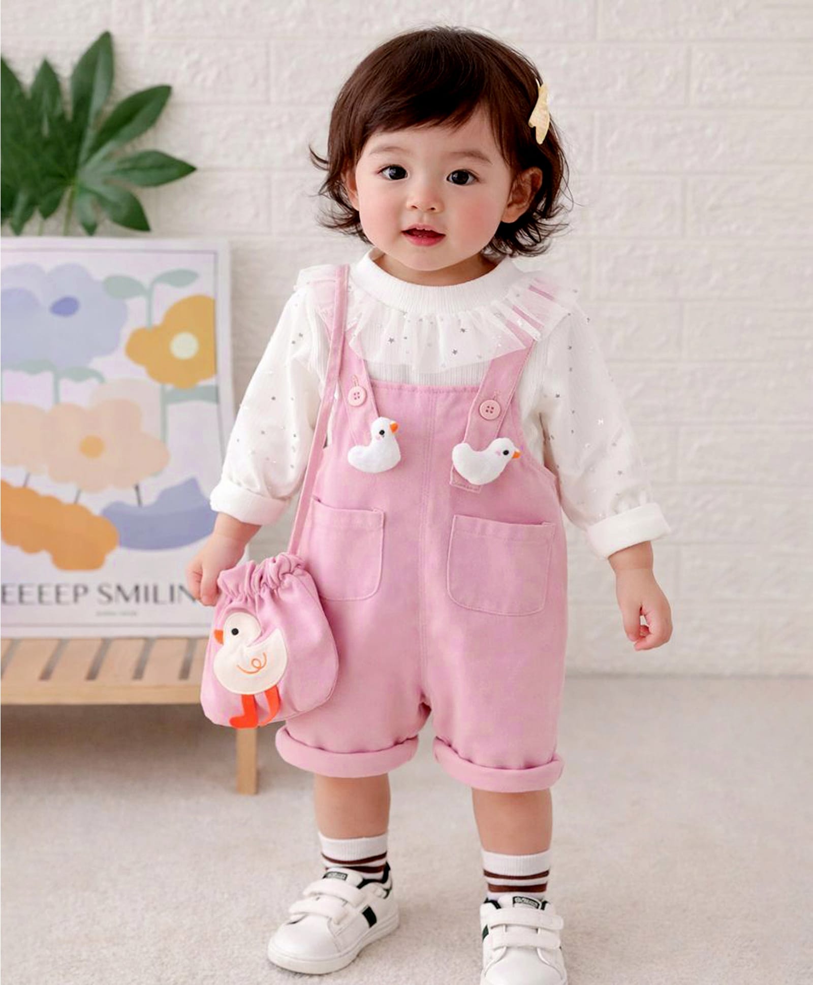 Little Surprise Box Blended Woven Duck Patch Detailed Dungaree With Full Sleeves Tee - Pink-picture-16