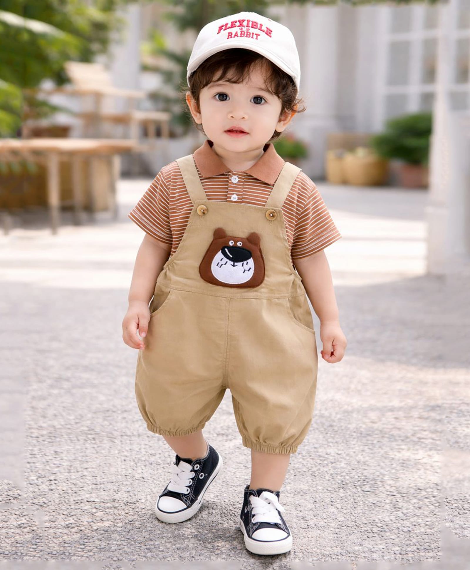 Little Surprise Box Blended Woven Bear Patch Detailed Dungaree With Half Sleeves Striped Tee - Brown-picture-23