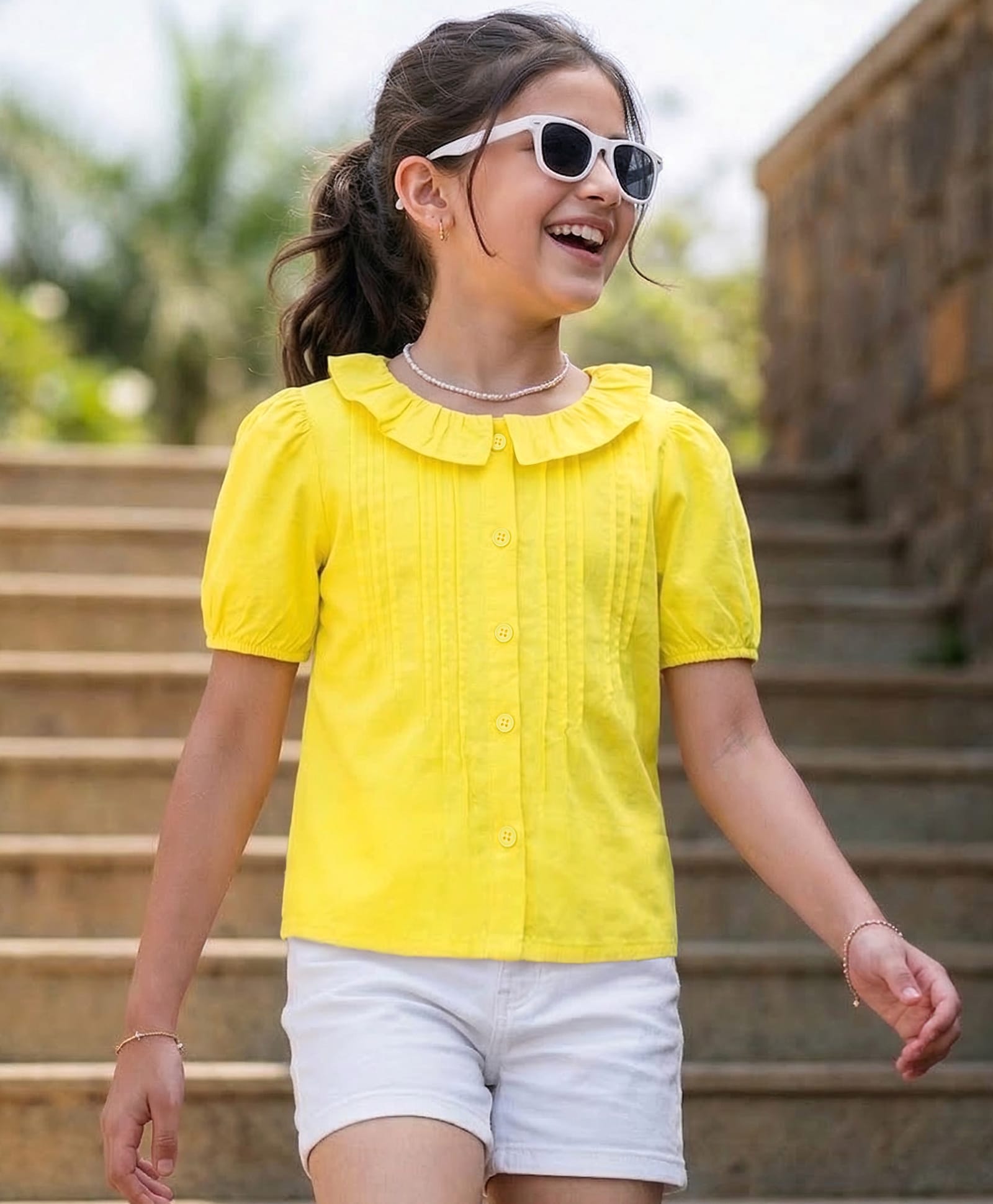 Pine Kids 100% Cotton Woven Half Sleeves Solid Pintuck Top -Yellow-image-17