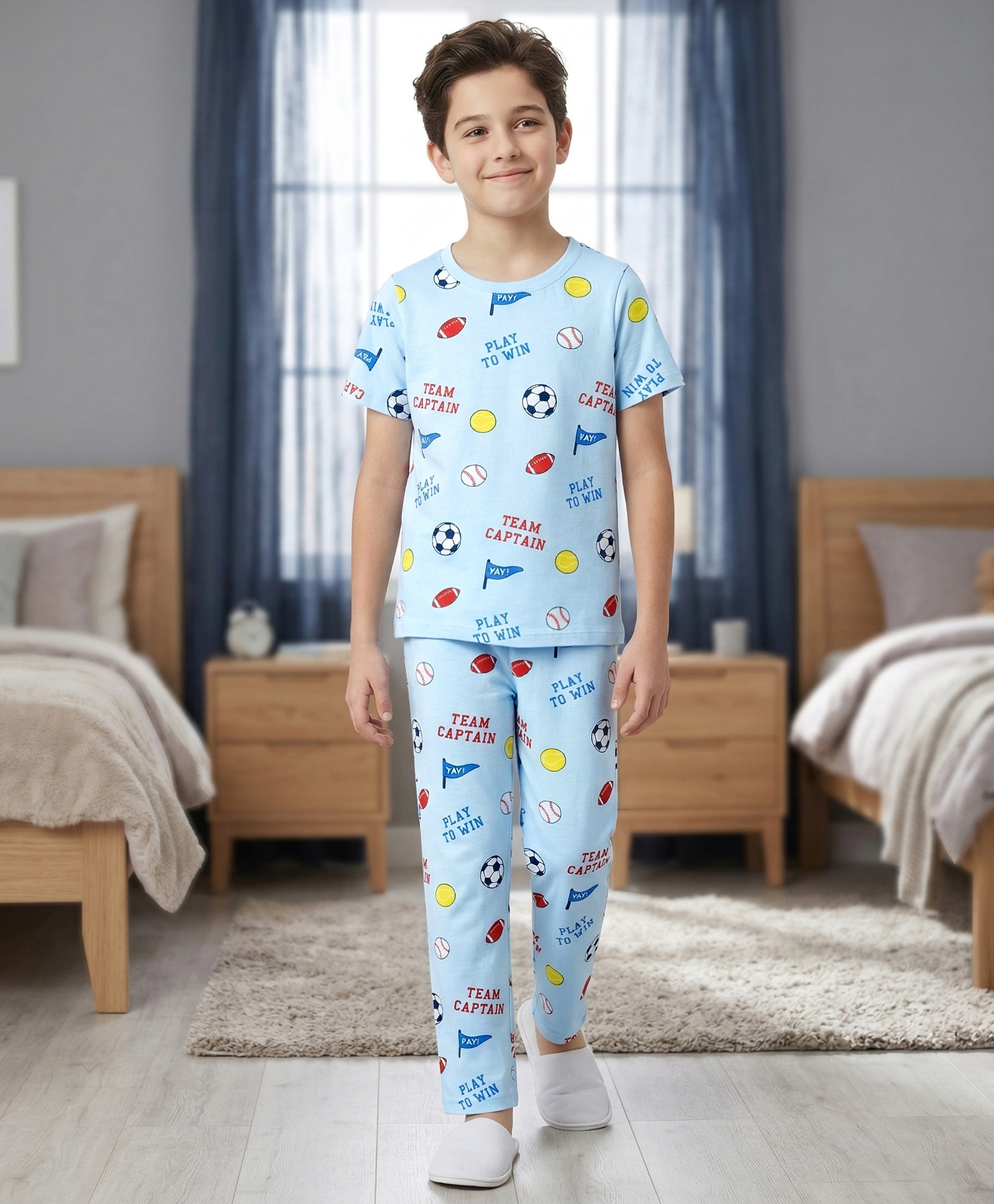 Pine Kids Cotton Knit Half Sleeves Co-Ord T-Shirt & Pyjama Night-Suit With Sports Print - Sky Blue-image-20