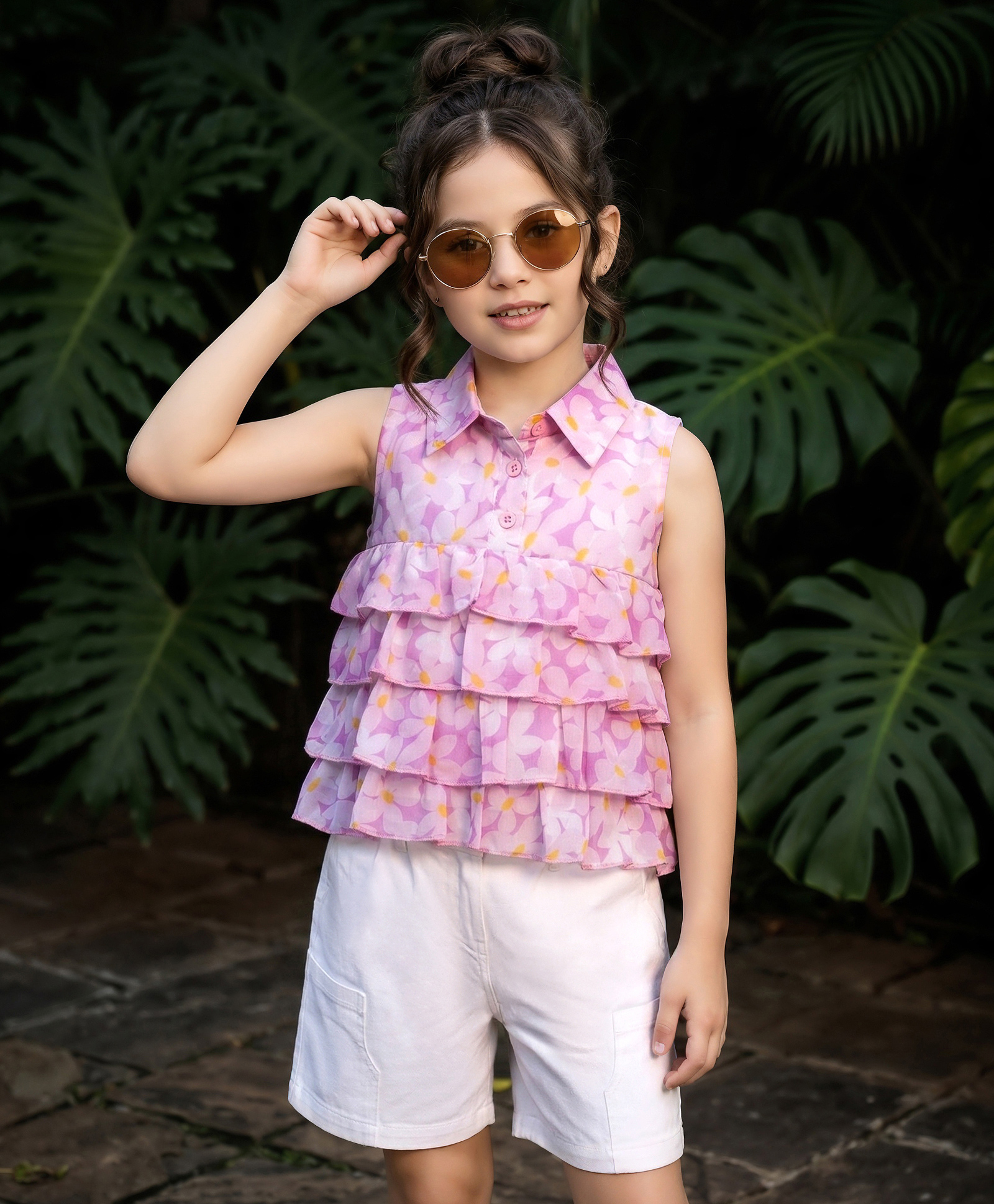 OLLINGTON ST. Woven Floral Printed Sleeveless Top & Cotton Twill Shorts Set - Multicolor & Beige-image-10
