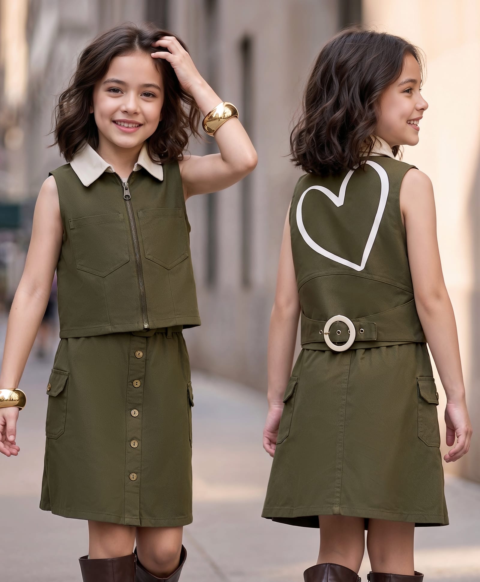 OLLINGTON ST. Cotton Twill Sleeveless Top With Hearts Print at Back & Skirt with Belt - Olive Green-image-41