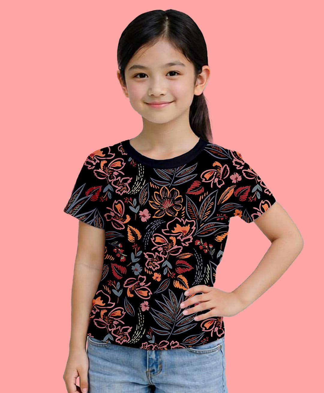 NUSYL Cotton Blend Knit Half Sleeves Floral Printed Tee - Black-picture-27