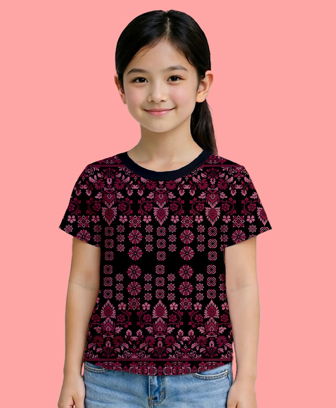 NUSYL Cotton Blend Knit Half Sleeves Floral Printed Tee - Black-picture-24