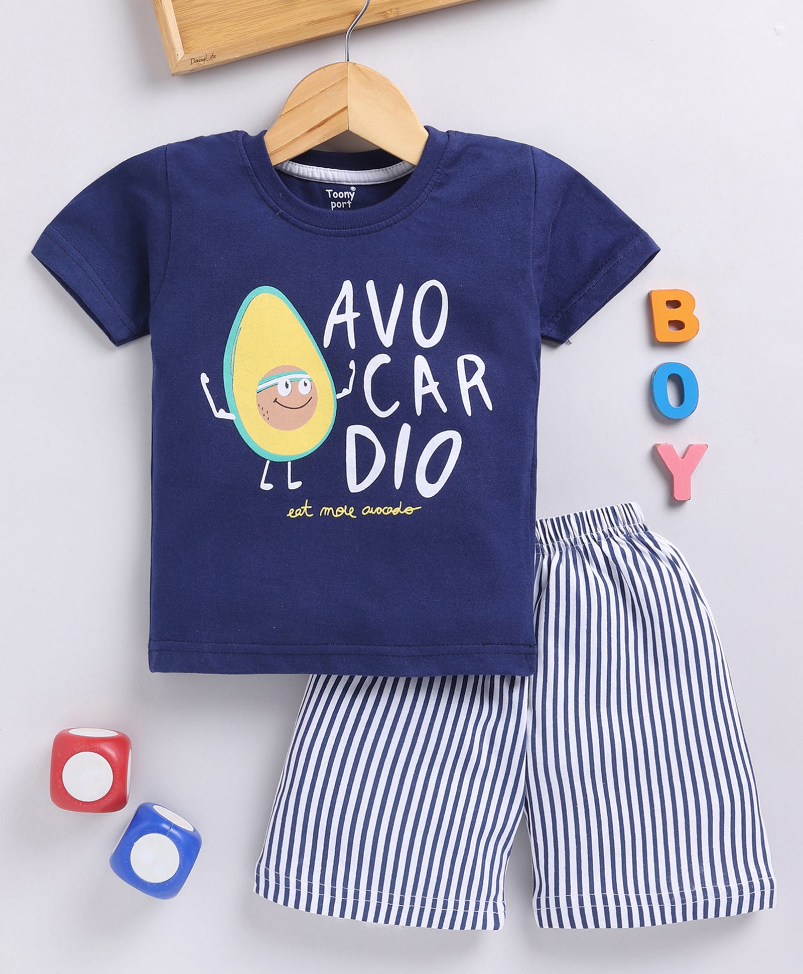 TOONYPORT Cotton Knit Half Sleeves Avocardio Text Printed Tee & Shorts Set - Navy Blue-image-24