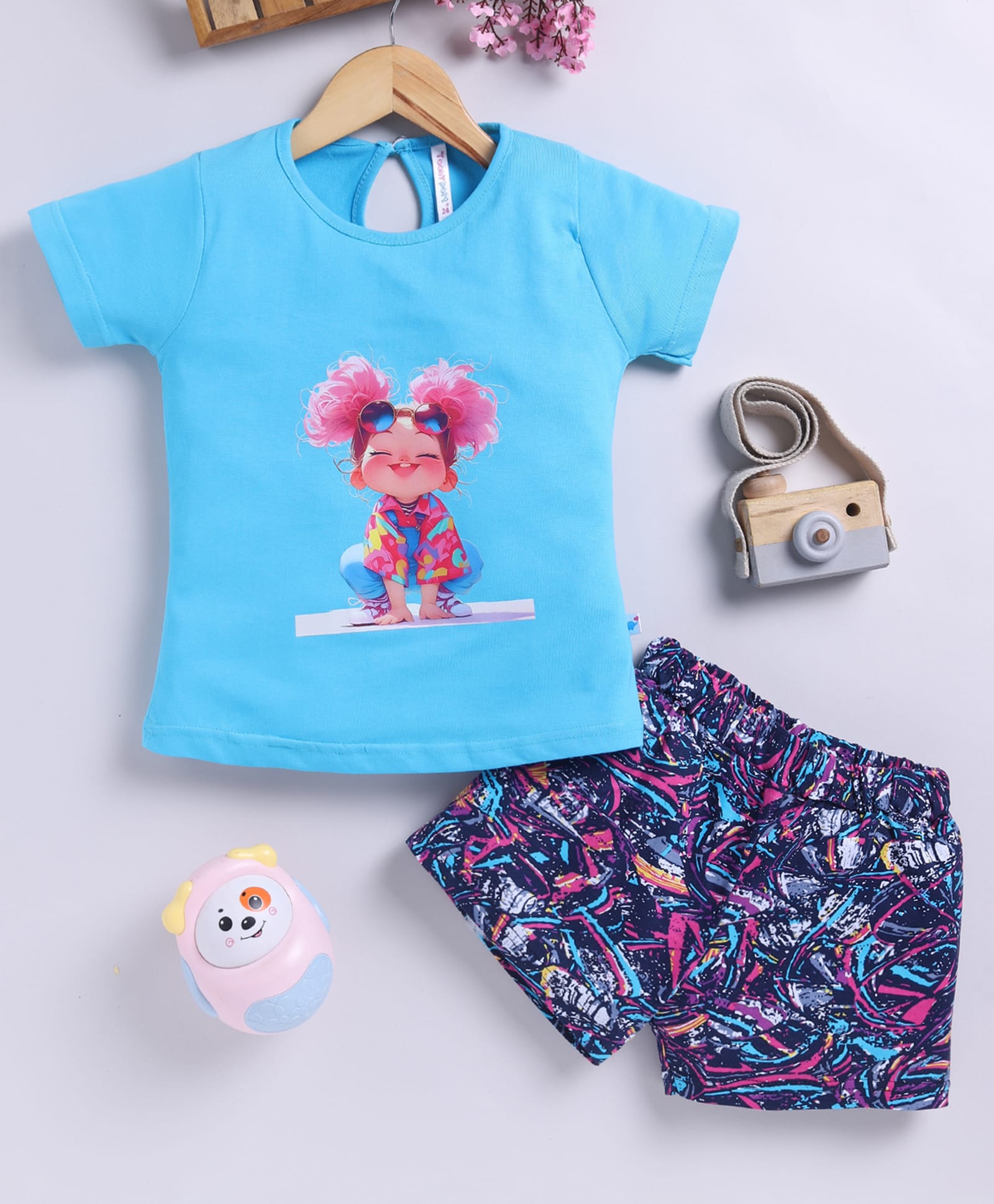 TOONYPORT Cotton Knit Half Sleeves Girl Printed Tee & Shorts Set - Blue-image-16