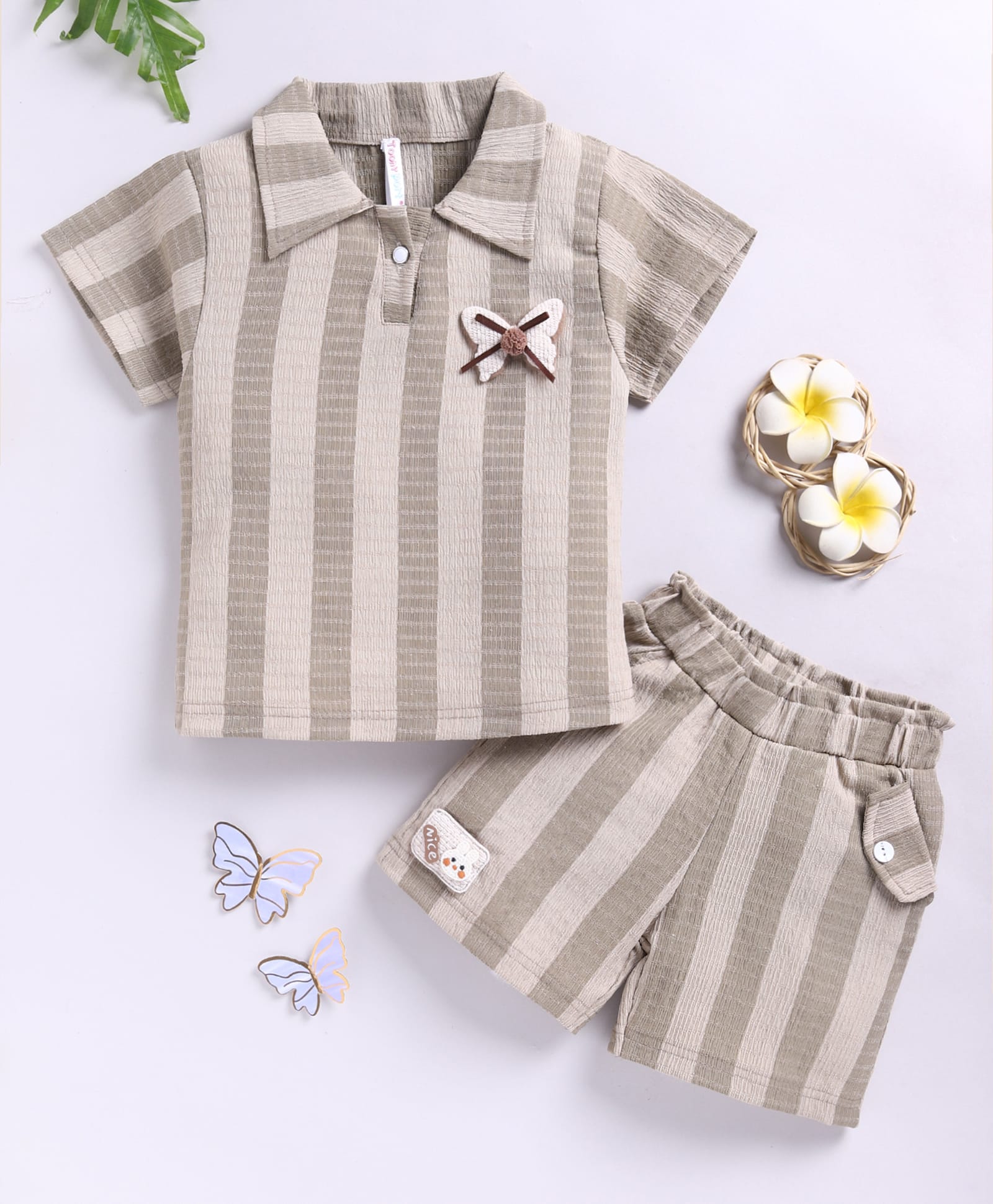 TOONYPORT Cotton Blend Knit Half Sleeves Striped Tee & Shorts Set - Olive Green-image-10