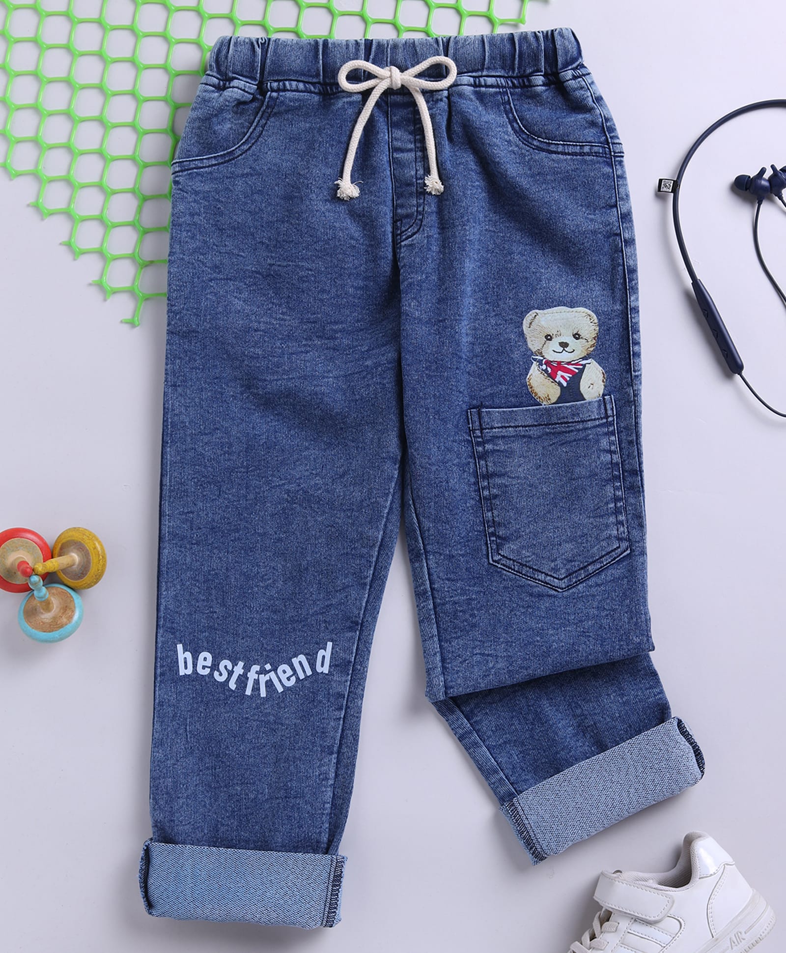 TOONYPORT Denim Woven Bear Patch Embroidered Jeans - Blue-picture-37