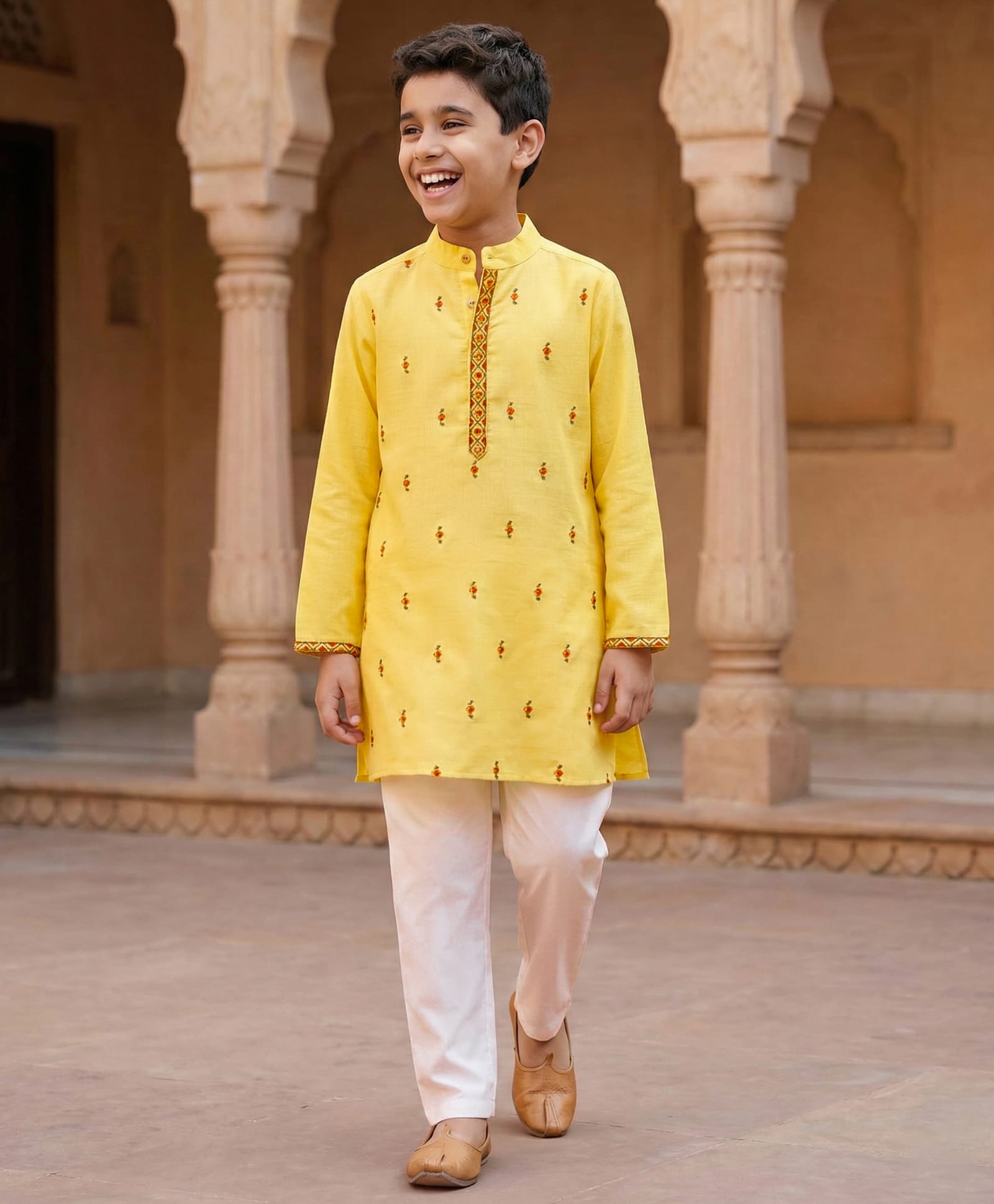 Pine Kids Woven Full Sleeves Kurta Pajama with Embroidery - Yellow-image-41