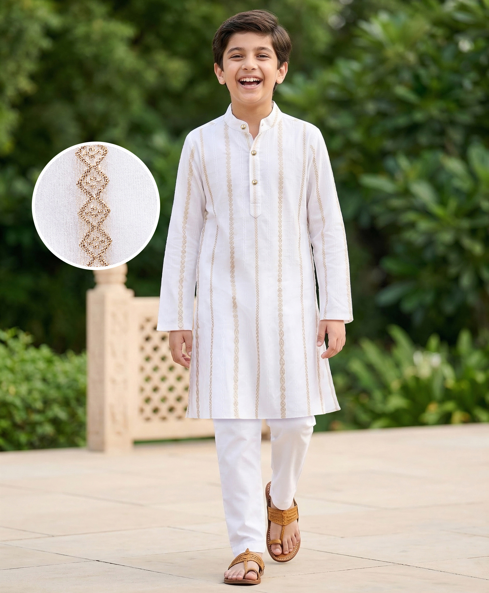 Pine Kids Woven Full Sleeves Kurta Pajama Set with Embroidery - White-picture-21