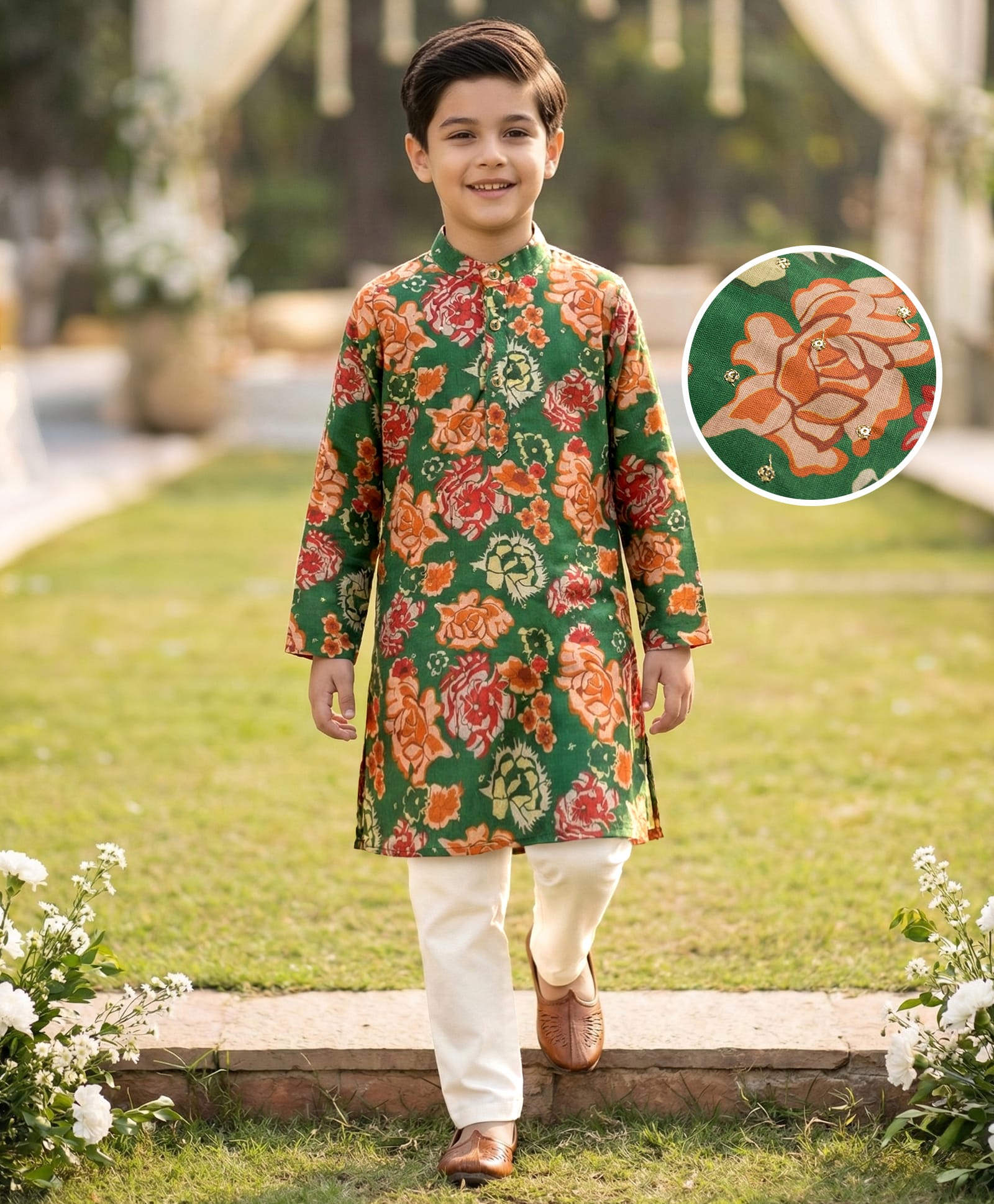 Pine Kids Woven Full Sleeves Floral Printed Kurta Pajama Set - Green-picture-22