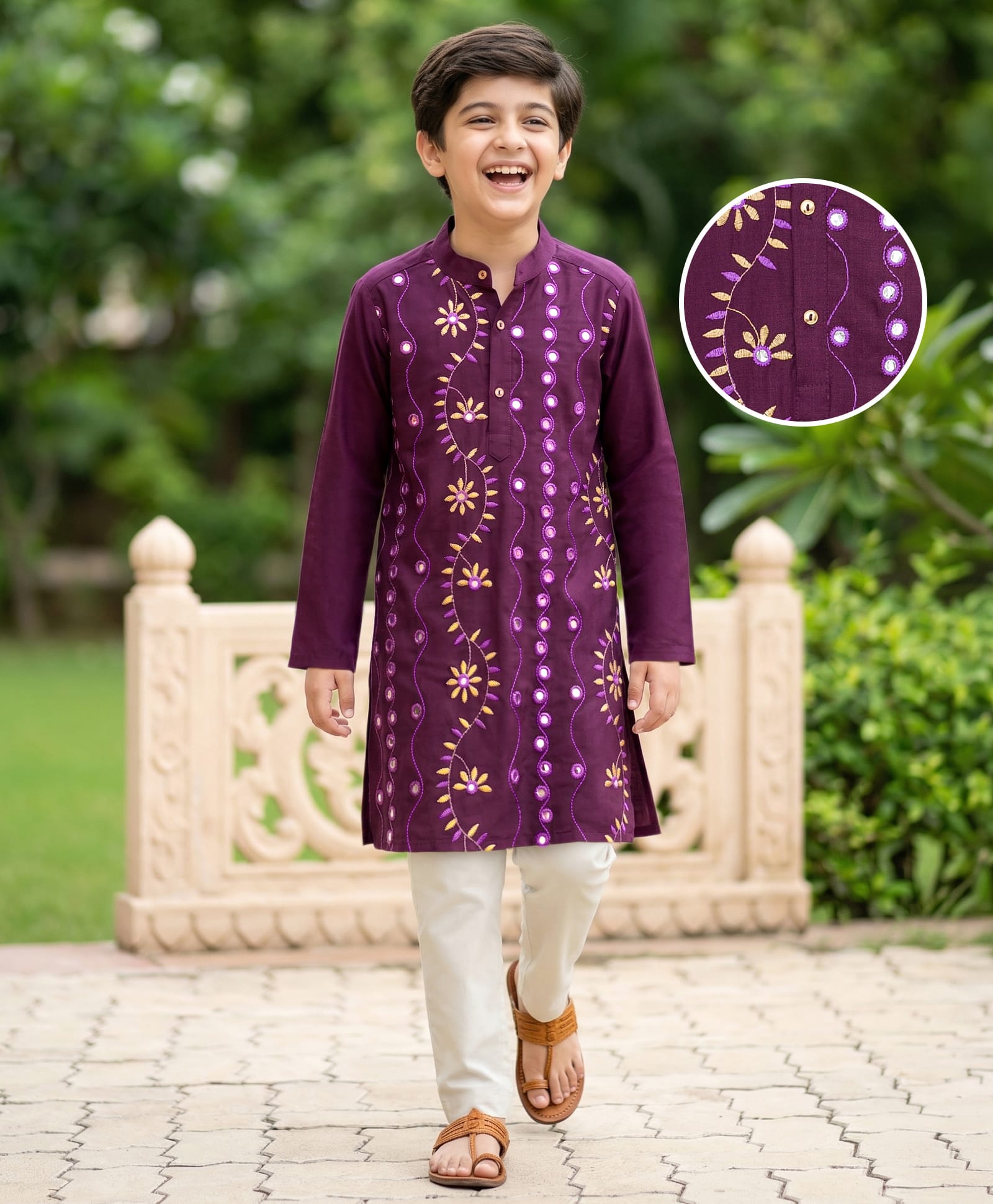 Pine Kids Woven Full Sleeves Kurta Pajama Set with Floral Embroidery - Voilet-image-39