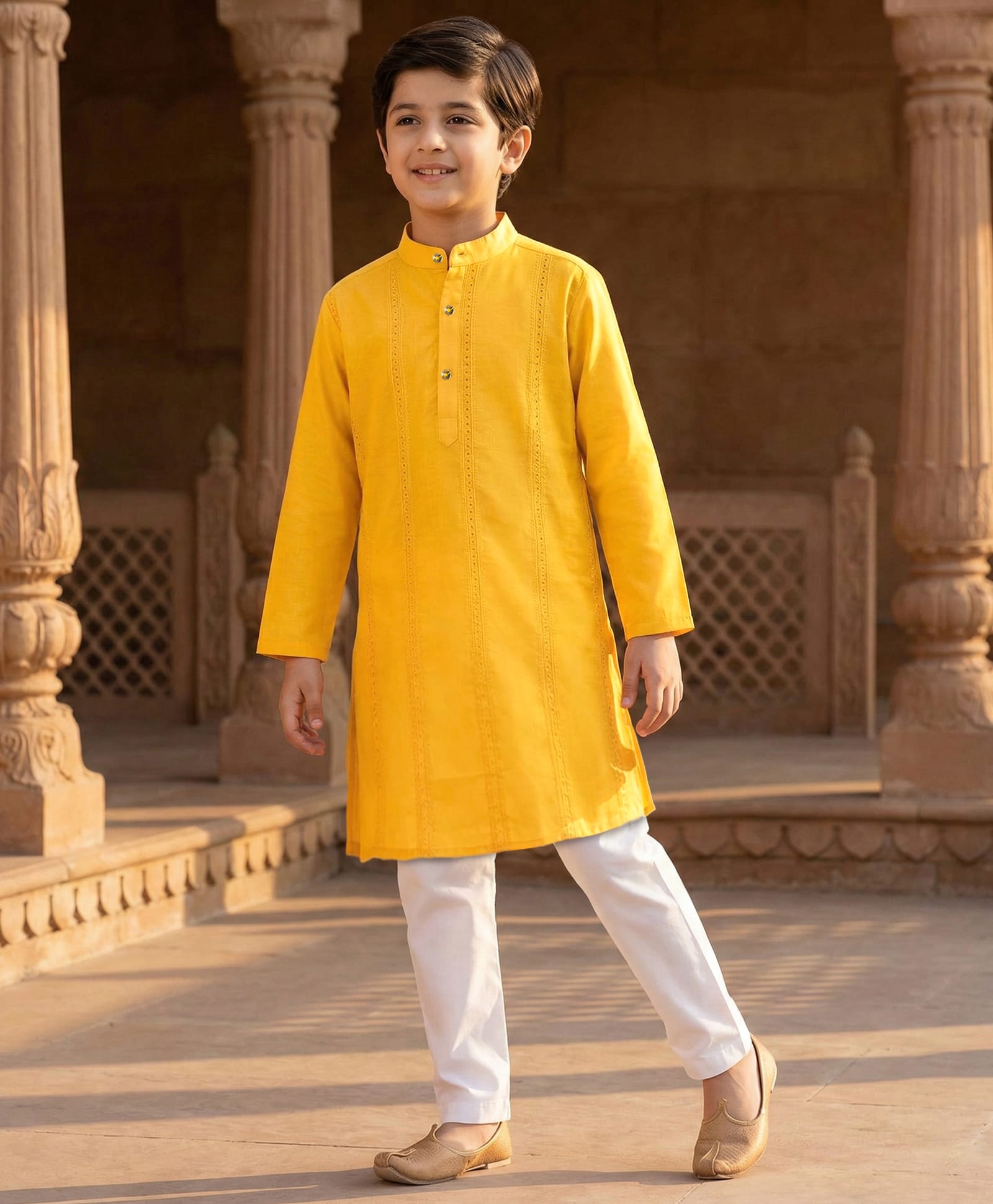 Pine Kids Woven Full Sleeves Solid Kurta Pyjama Set - Mustard-image-35