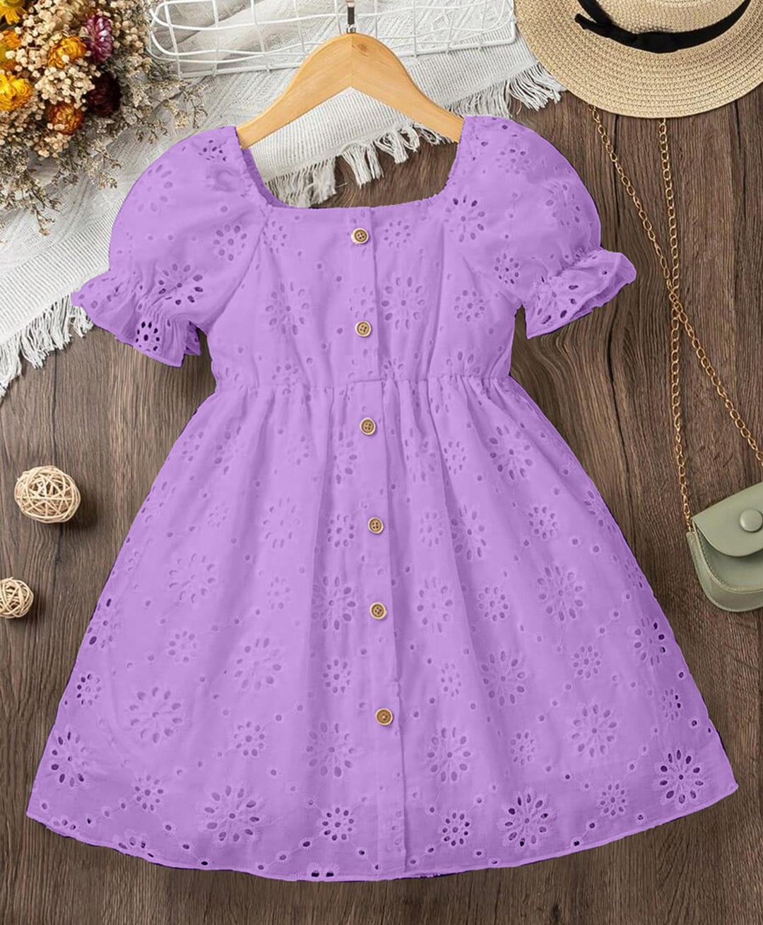 The Kids Club Cotton Woven Half Puffed Sleeves Floral Designed Schiffli Embroidered Dress - Purple-image-18