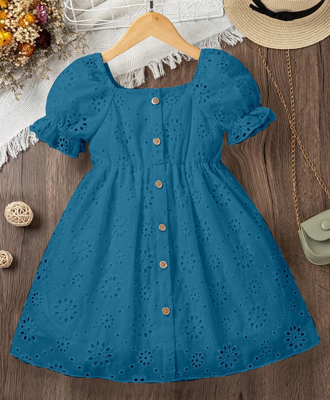 The Kids Club Cotton Woven Half Puffed Sleeves Floral Designed Schiffli Embroidered Dress - Navy Blue-picture-12