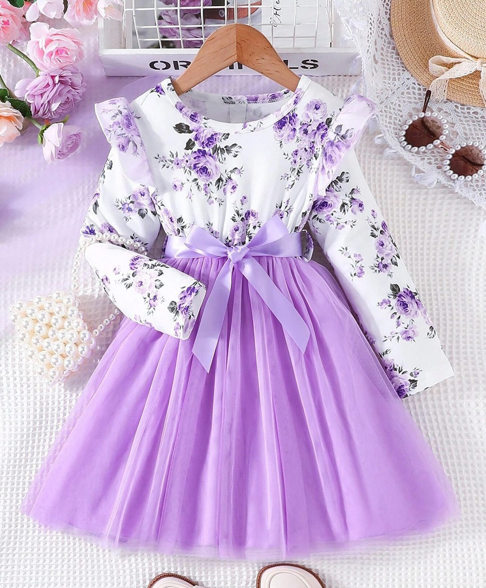 The Kids Club Cotton Blend Knit Full Sleeves Floral Printed & Bow Applique Detailed Dress - Purple-picture-26