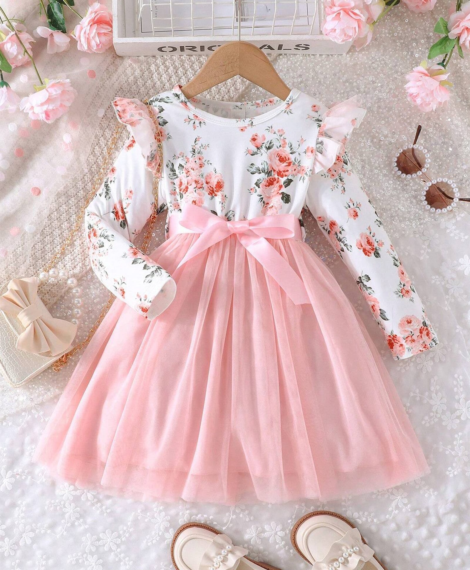 The Kids Club Cotton Blend Knit Full Sleeves Floral Printed & Bow Applique Detailed Dress - Peach-picture-34