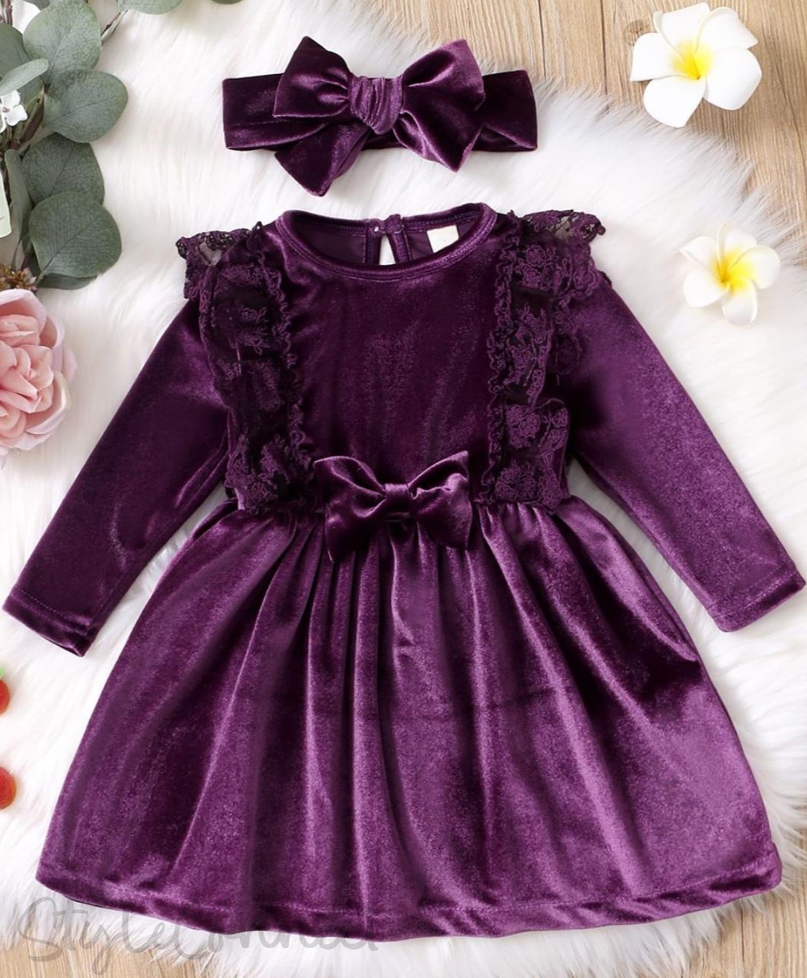 The Kids Club Tere Wool Woven Full Sleeves Floral Design Lace Embellished & Bow Applique Detailed Dress - Wine-image-5