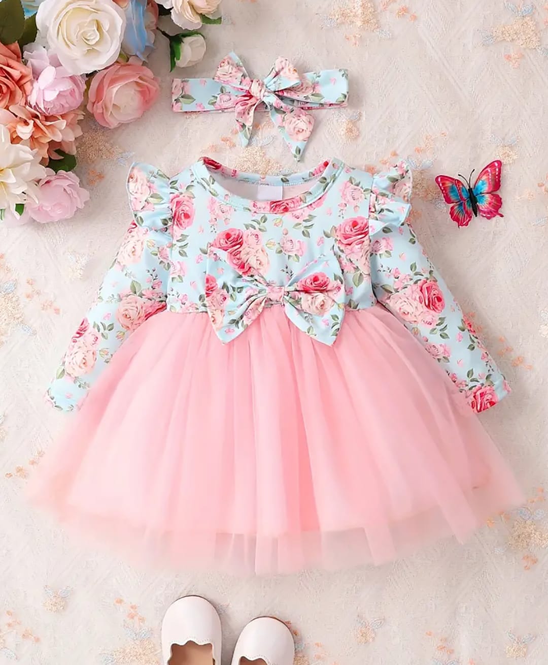 The Kids Club Cotton Blend Knit Full Sleeves Floral Printed Bow Applique Detailed Dress With Headband - Pink-picture-39