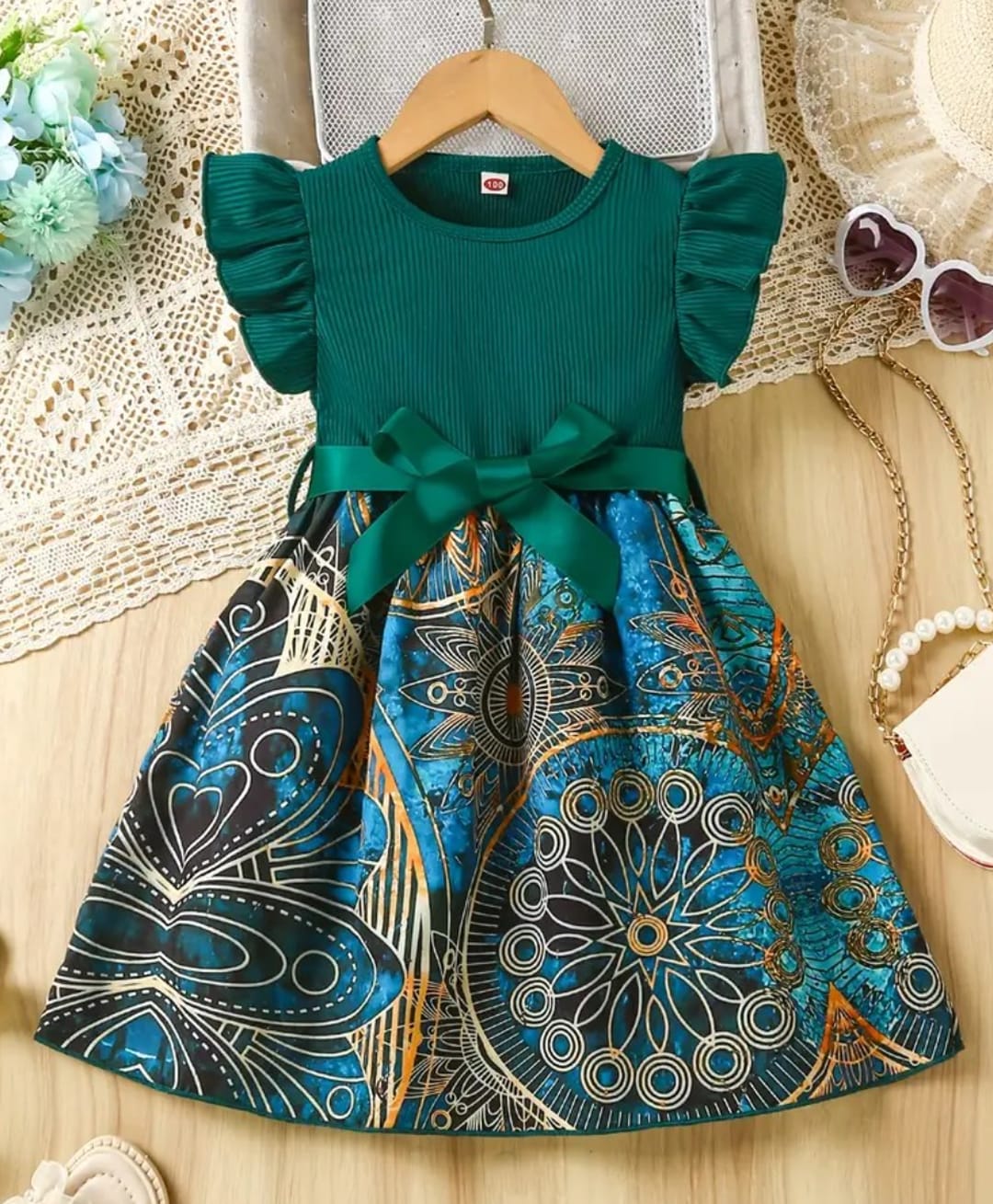 The Kids Club Cotton Blend Knit Frill Sleeves Abstract Printed Dress - Green-image-32