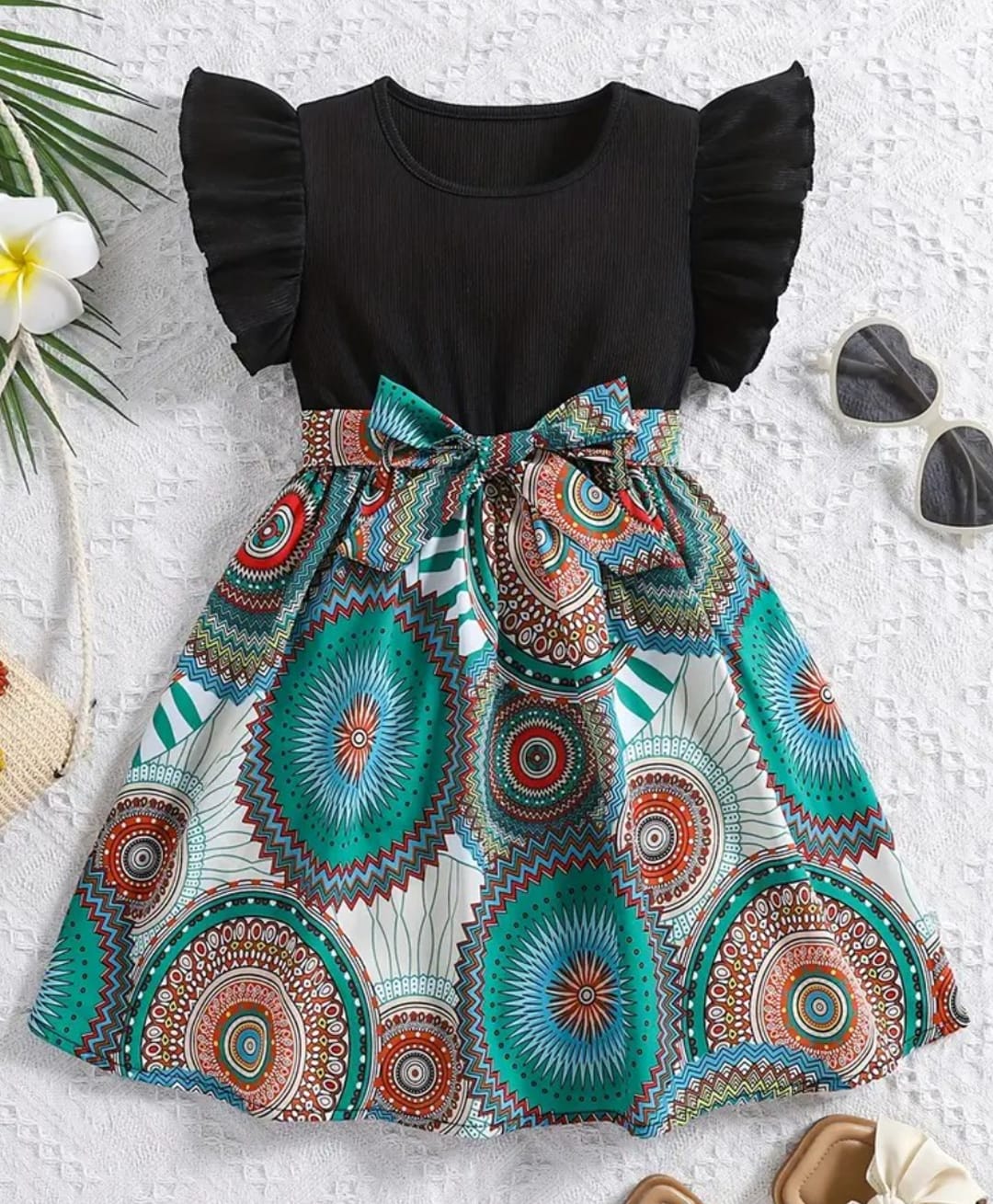 The Kids Club Cotton Blend Knit Frill Sleeves Abstract Printed Dress - Black-picture-25