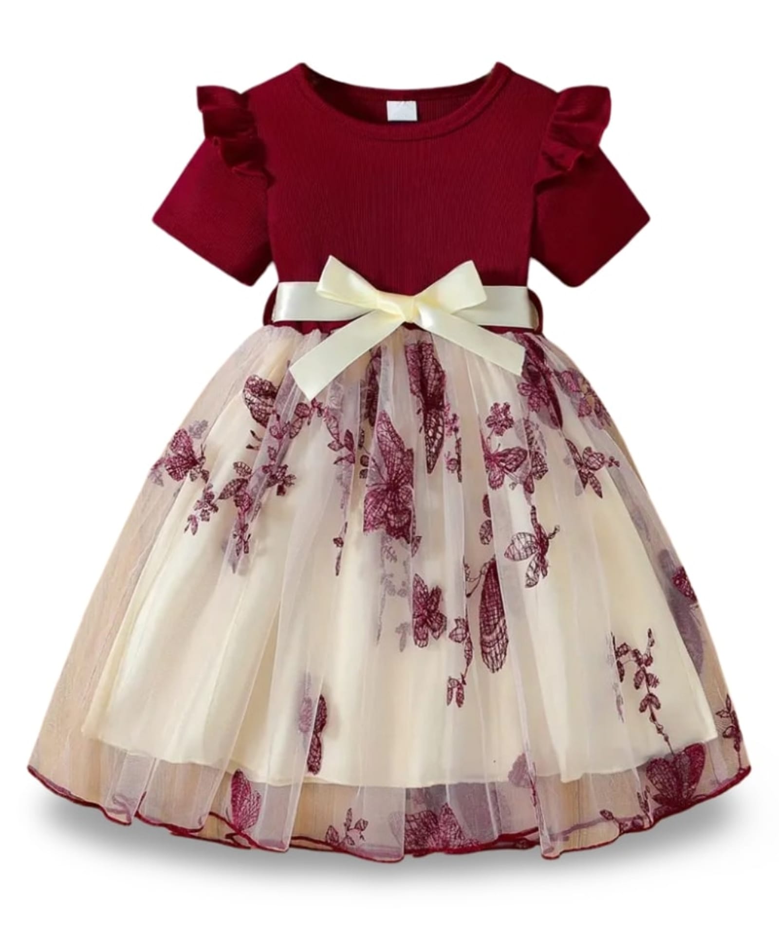 The Kids Club Cotton Blend Half Sleeves Floral Printed Frill & Bow Applique Detailed Dress - Maroon-picture-38