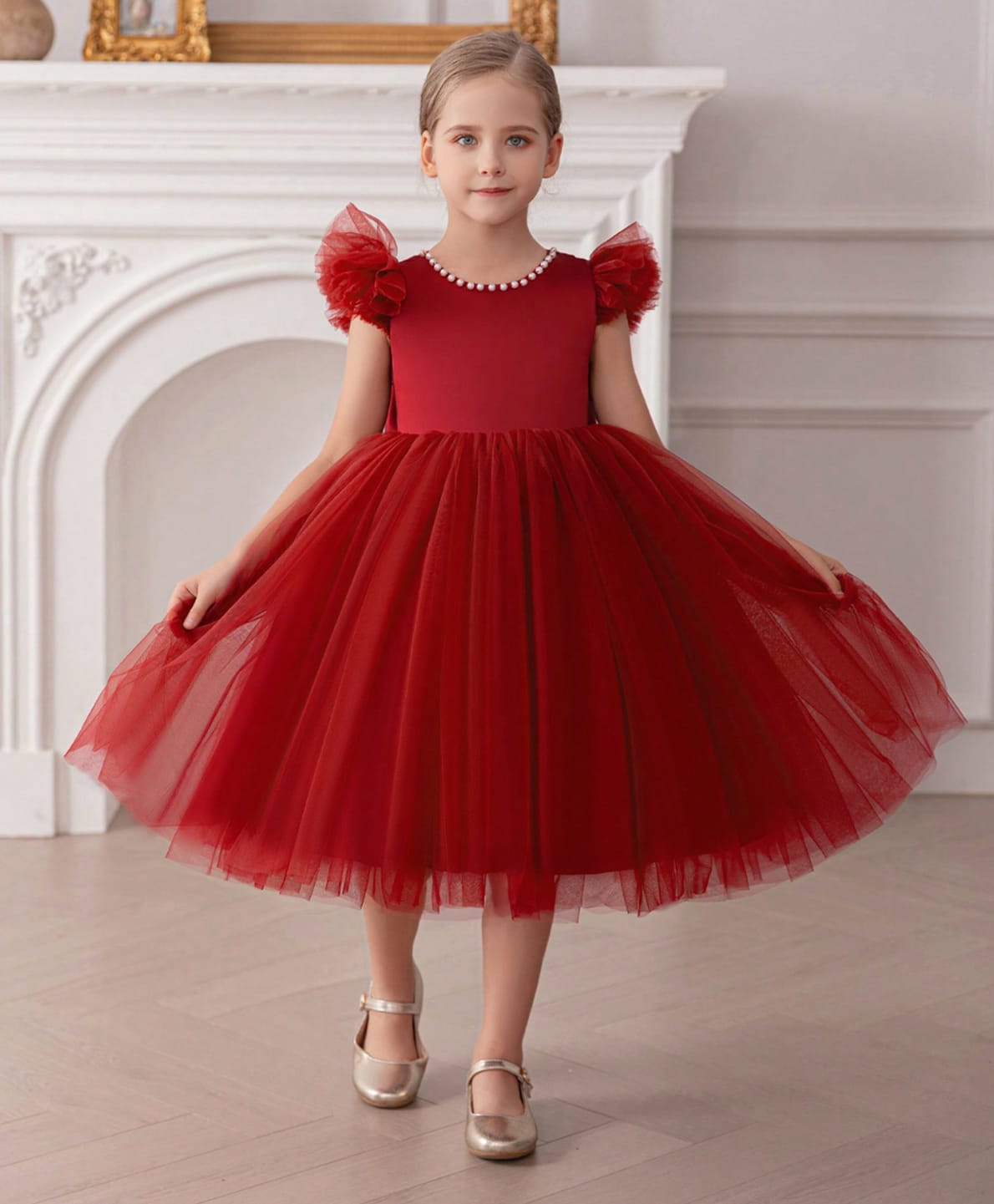 The Kids Club Net Woven Half Ruffled Sleeves Pearl Embellished Dress - Red-image-22