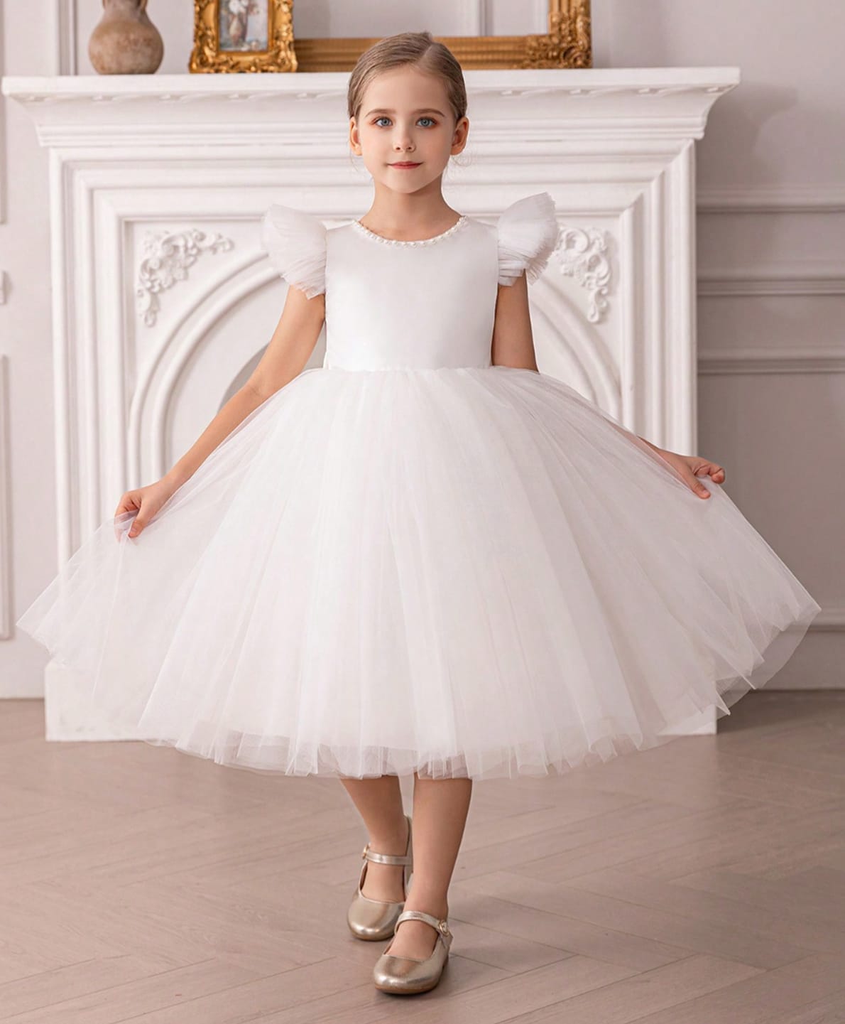 The Kids Club Net Woven Half Ruffled Sleeves Pearl Embellished Dress - White-image-21