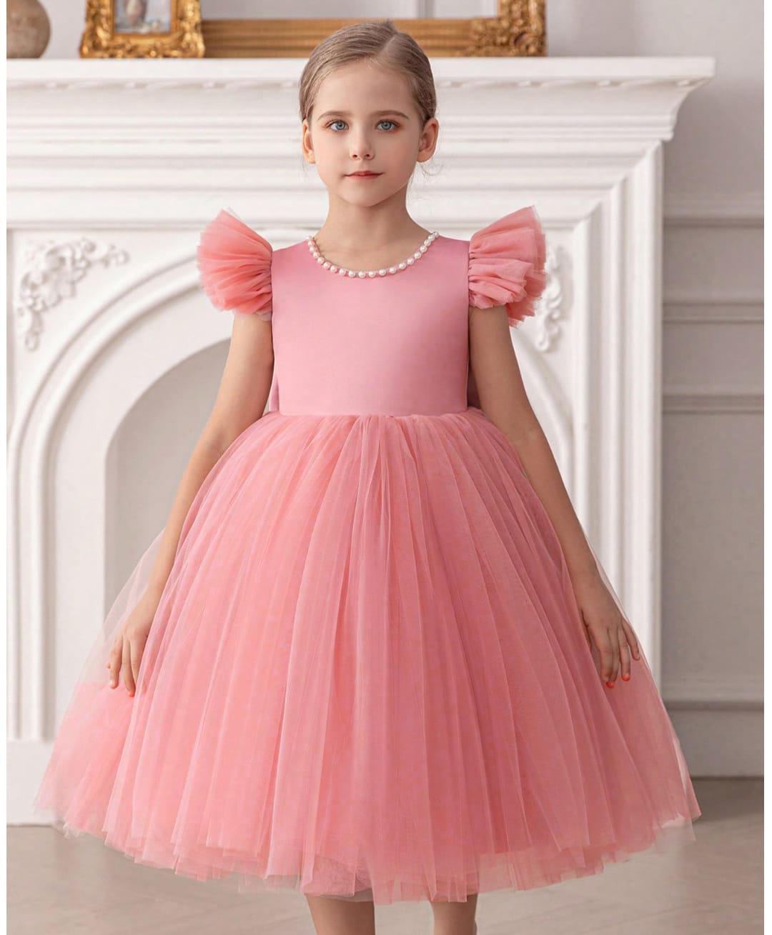 The Kids Club Net Knit Frill Sleeves Pearls Embellished Bow Applique Detailed Dress - Pink-image-16