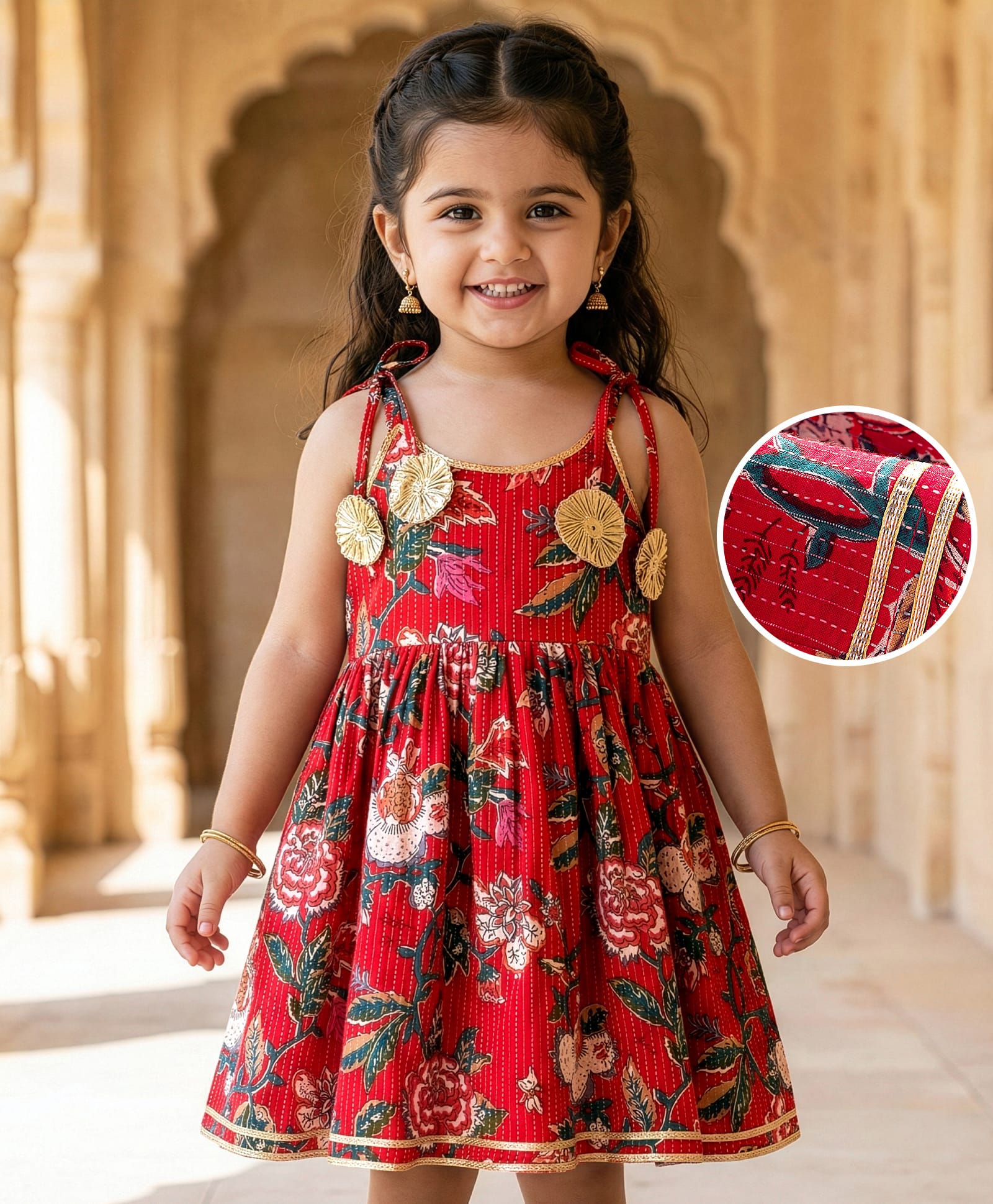 EARTHY TOUCH Cotton Woven Sleeveless Ethnic Dress with Floral Print - Red-picture-13