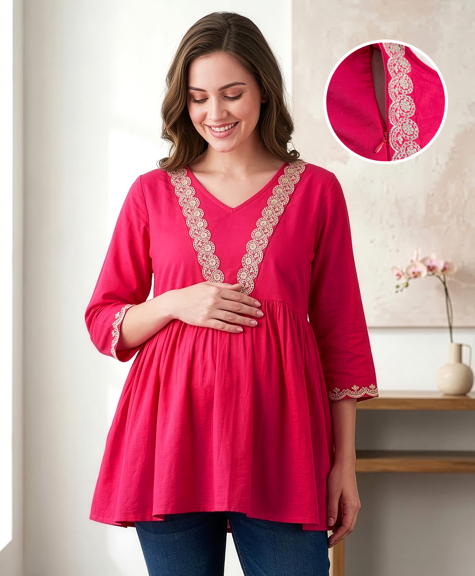 Bella Mama Woven Three Fourth Sleeves Maternity Top with Lace Detailing - Pink