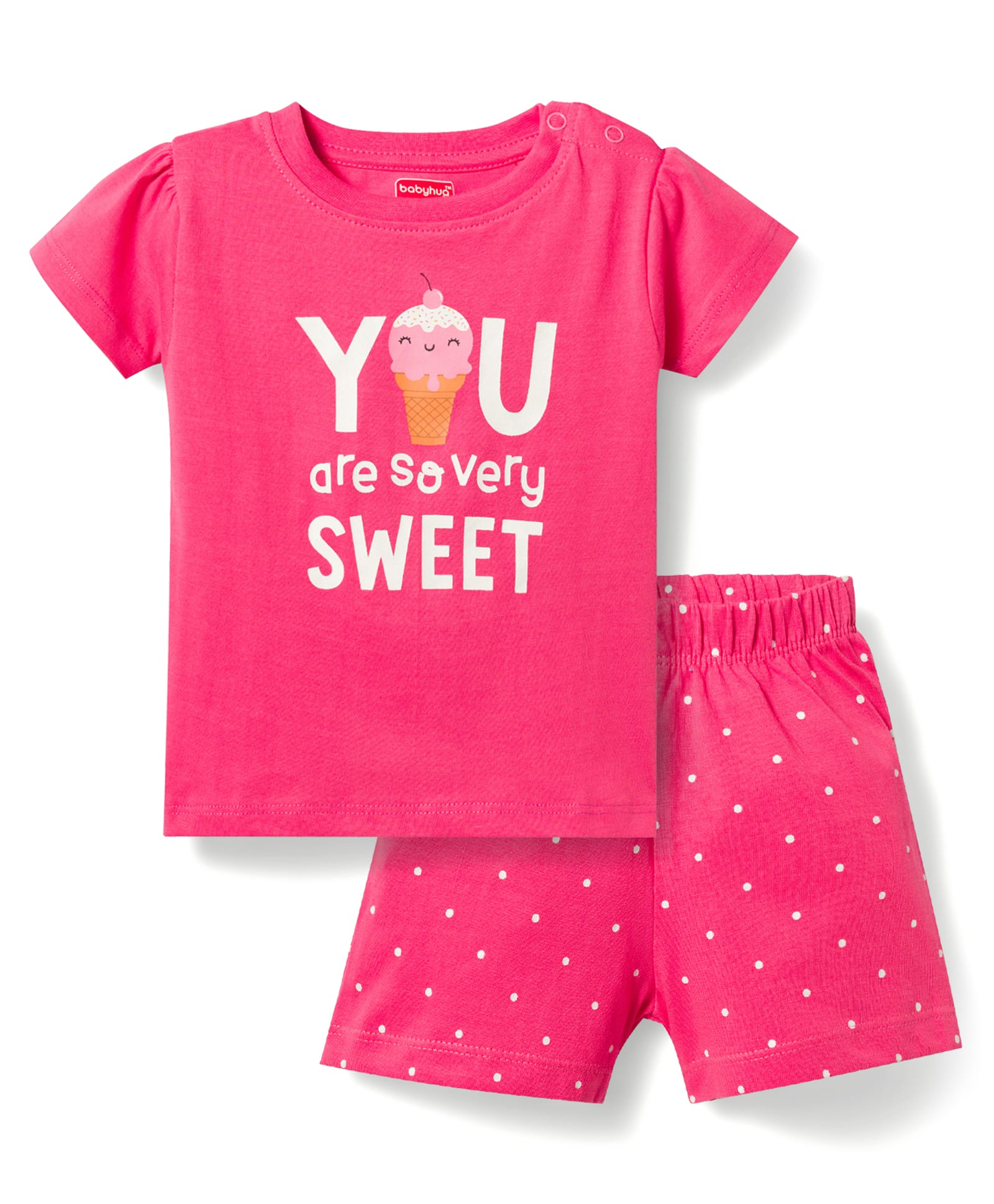 Babyhug Cotton Knit Half Sleeves T-Shirt & Shorts Night Suit with Ice Cream Print - Pink-image-45