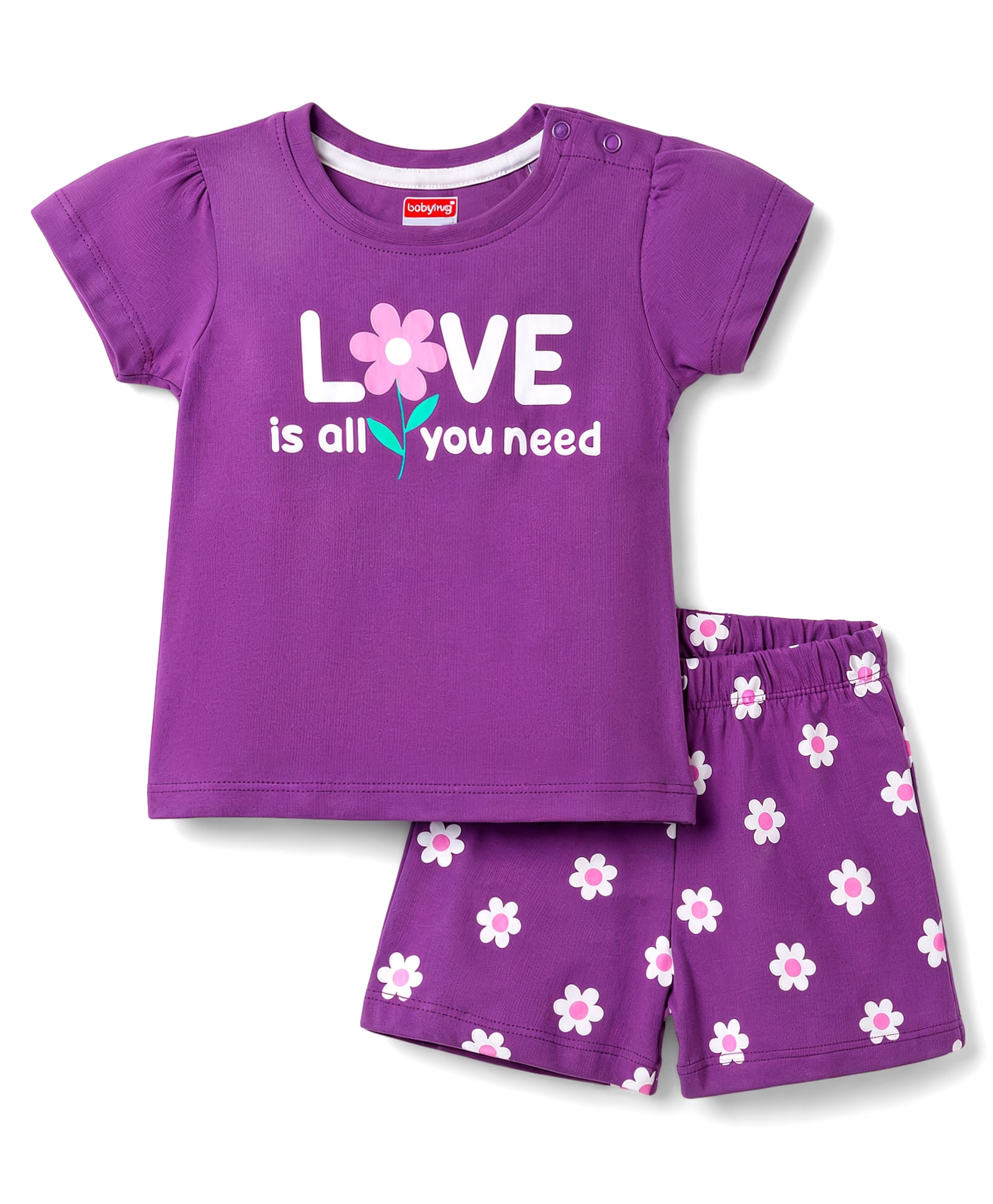 Babyhug Cotton Knit Half Sleeves Shorts & T-Shirt Night Suit Floral Print - Purple-image-0