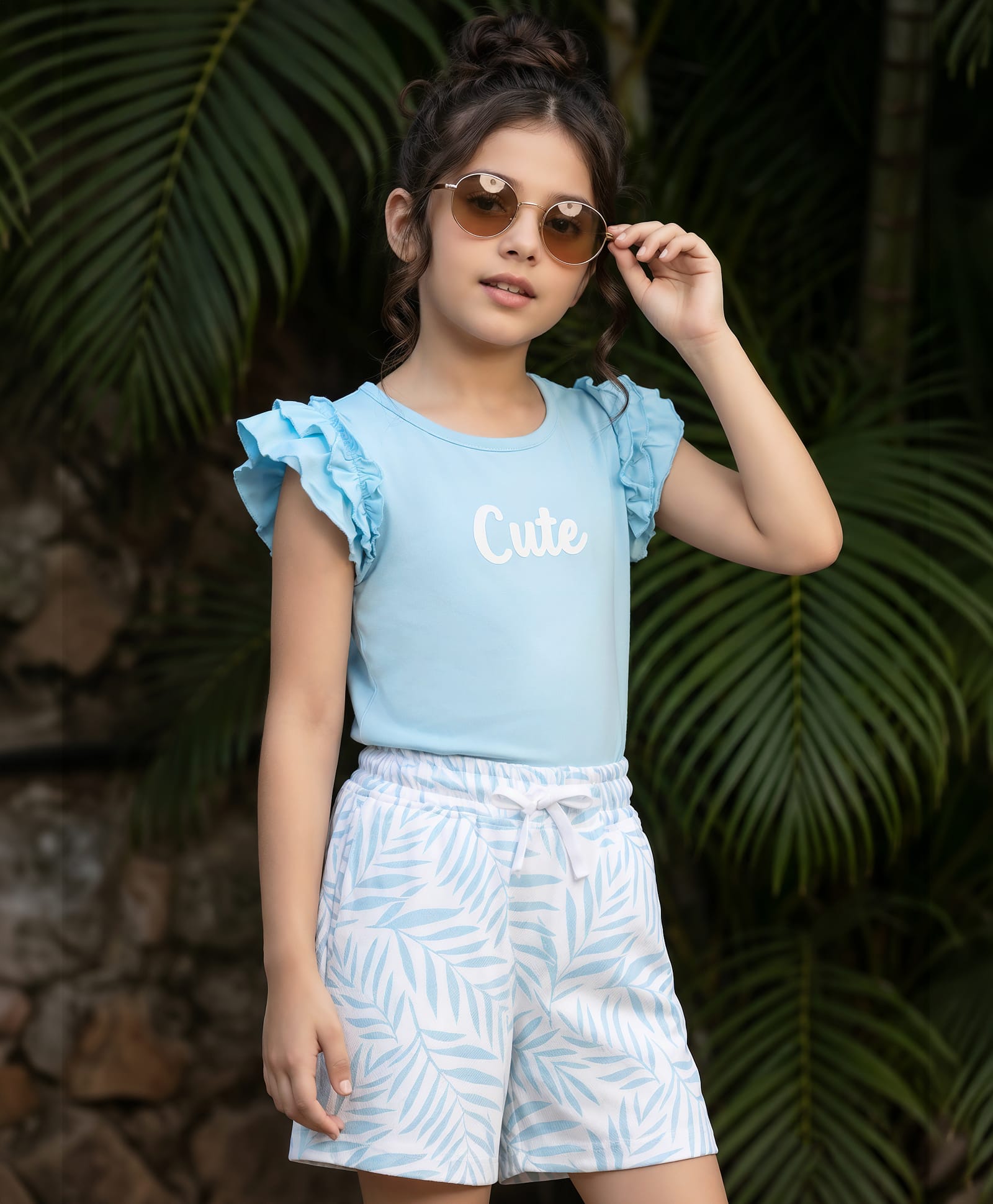 OLLINGTON ST. Sinker Knit Half Sleeves Top & Shorts Set With Text Print - Sky Blue-picture-28