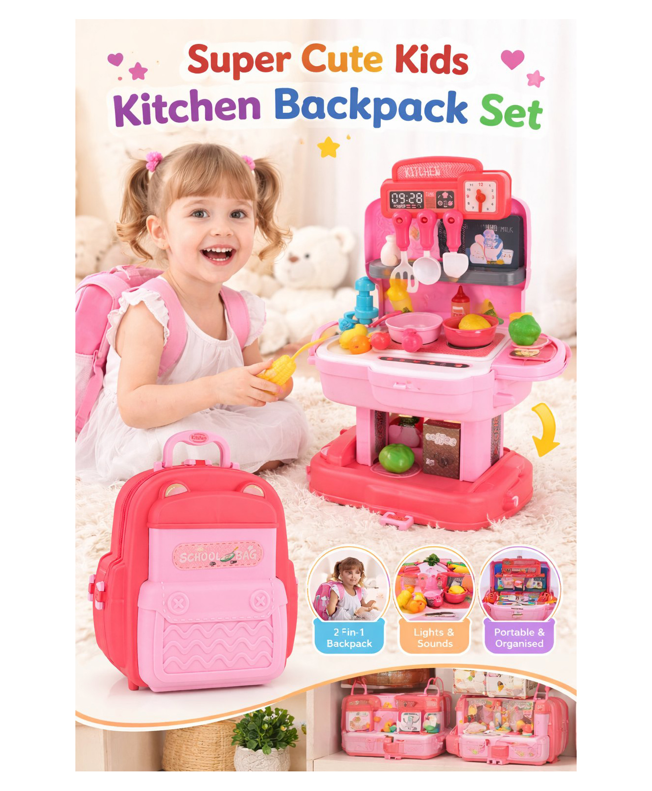 BitFeex School Bag Kitchen Set Pink Color | Kids Pretend Play Cooking Toy with Backpack | Portable Kitchen Play Set with Accessories | Educational Role Play Toy for Boys & Girls-picture-12