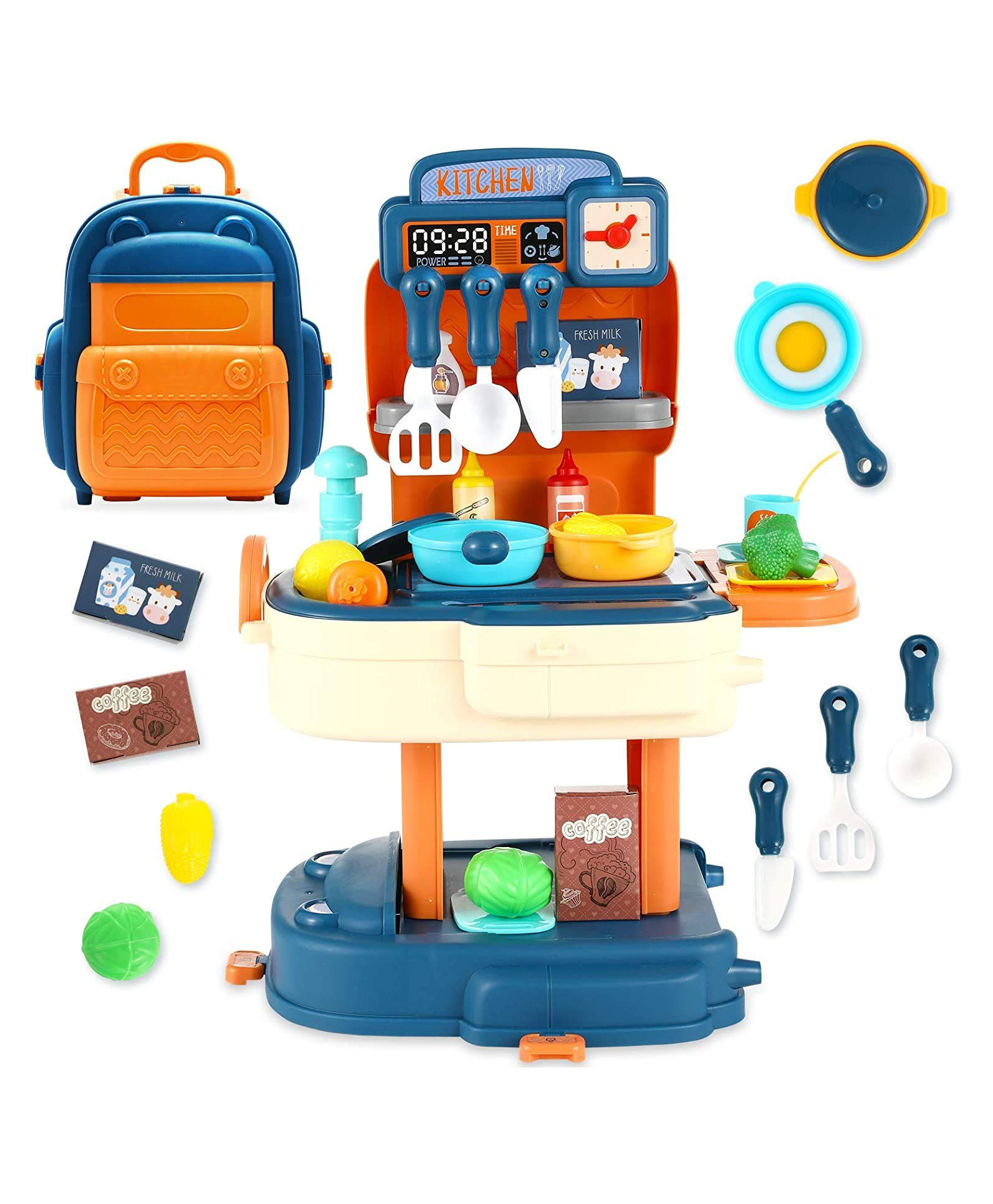 BitFeex School Bag Kitchen Set Blue Color | Kids Pretend Play Cooking Toy with Backpack | Portable Kitchen Play Set with Accessories | Educational Role Play Toy for Boys & Girls -Blue-picture-11