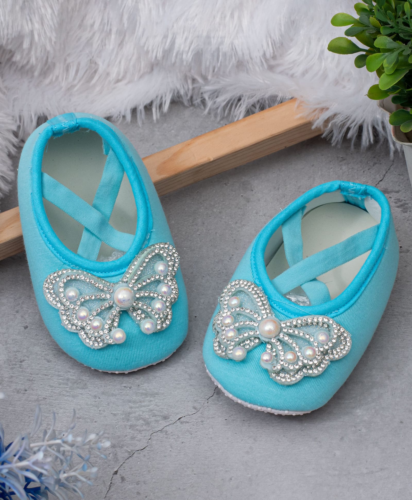 Daizy Butterfly Applique Detailed Rhinestones Embellished Slip On Booties - Sky Blue-image-46