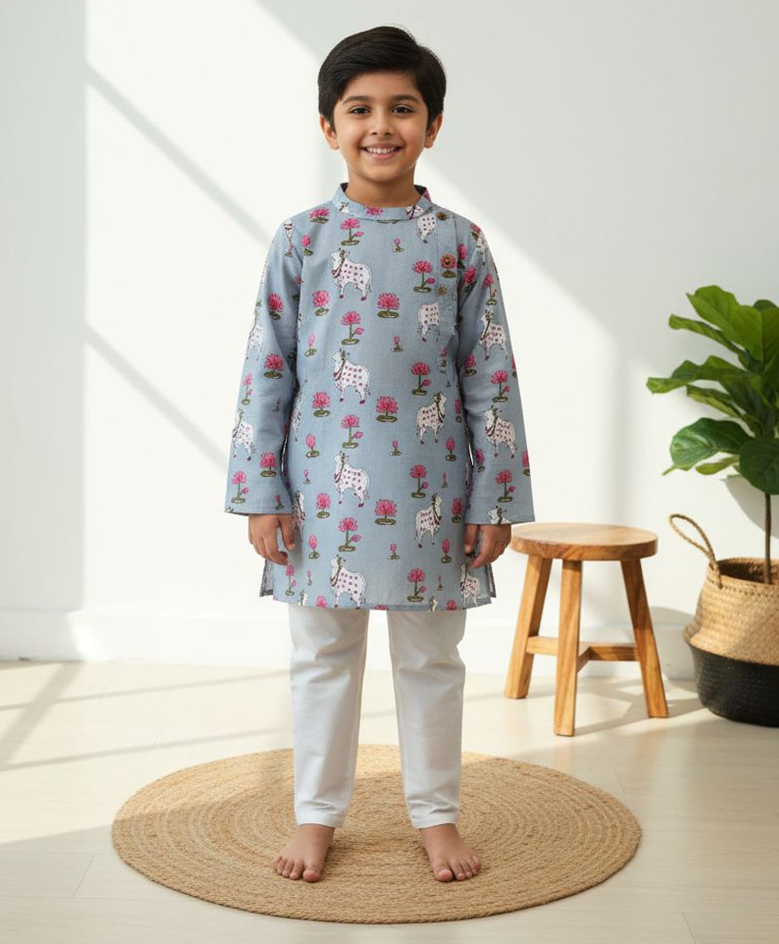 KLINGARU Cotton Knit Full Sleeves Pichwai Printed Kurta & Pyjama Set - Blue-picture-22