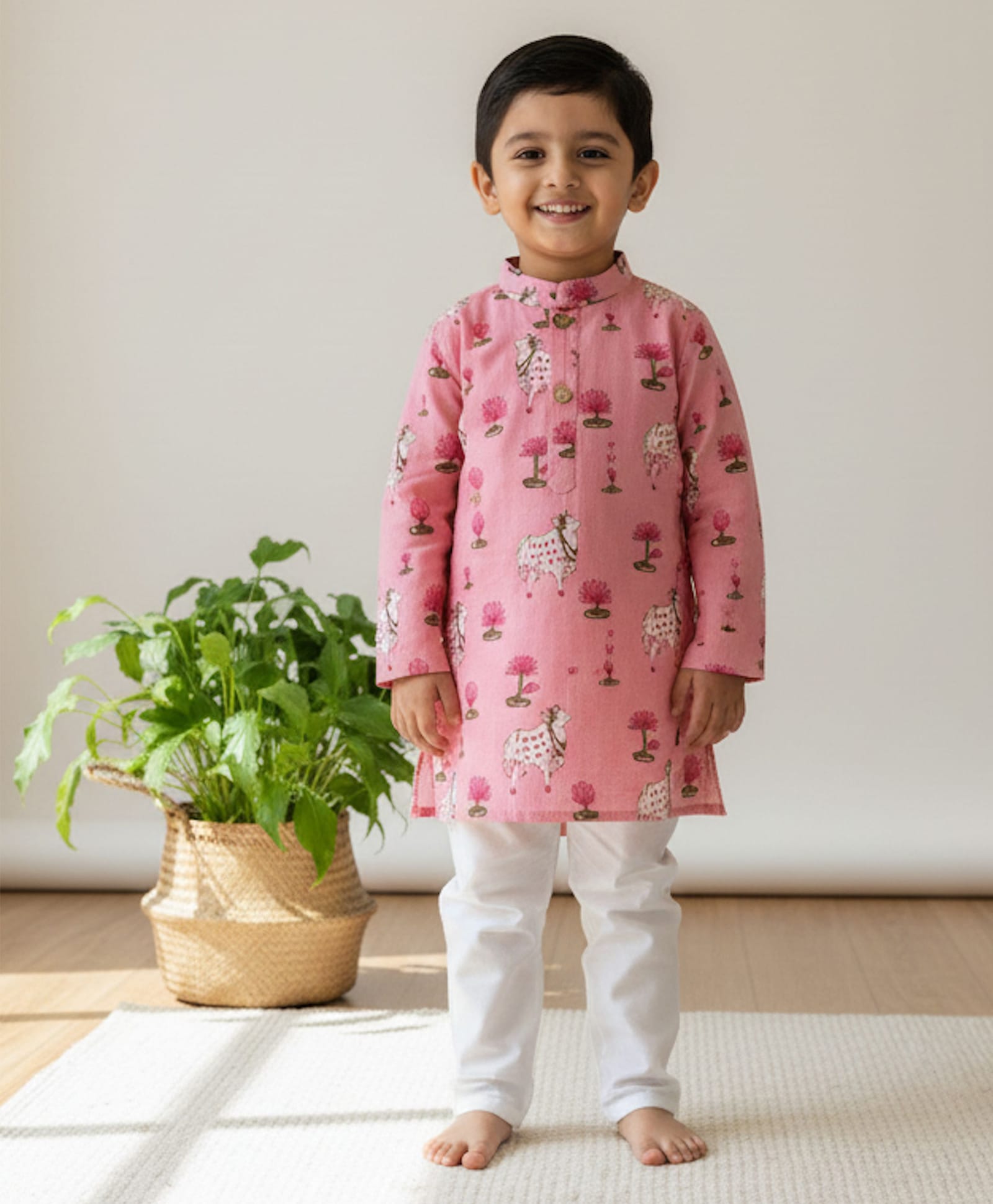 KLINGARU Cotton Knit Full Sleeves Pichwai Printed Kurta & Pyjama Set - Pink-picture-14