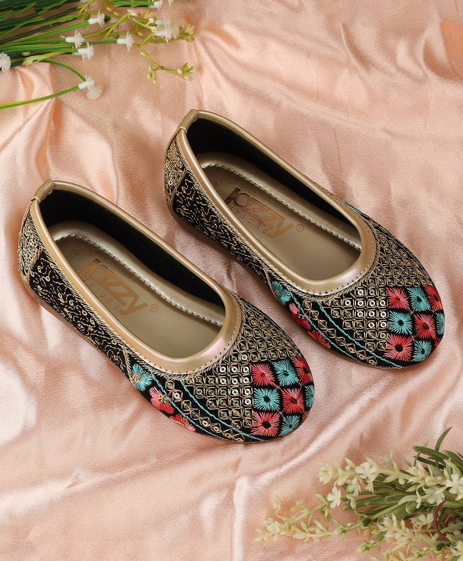 Jazzy Juniors Embellished Threadwork Detailed Ballerinas - Beige-image-35