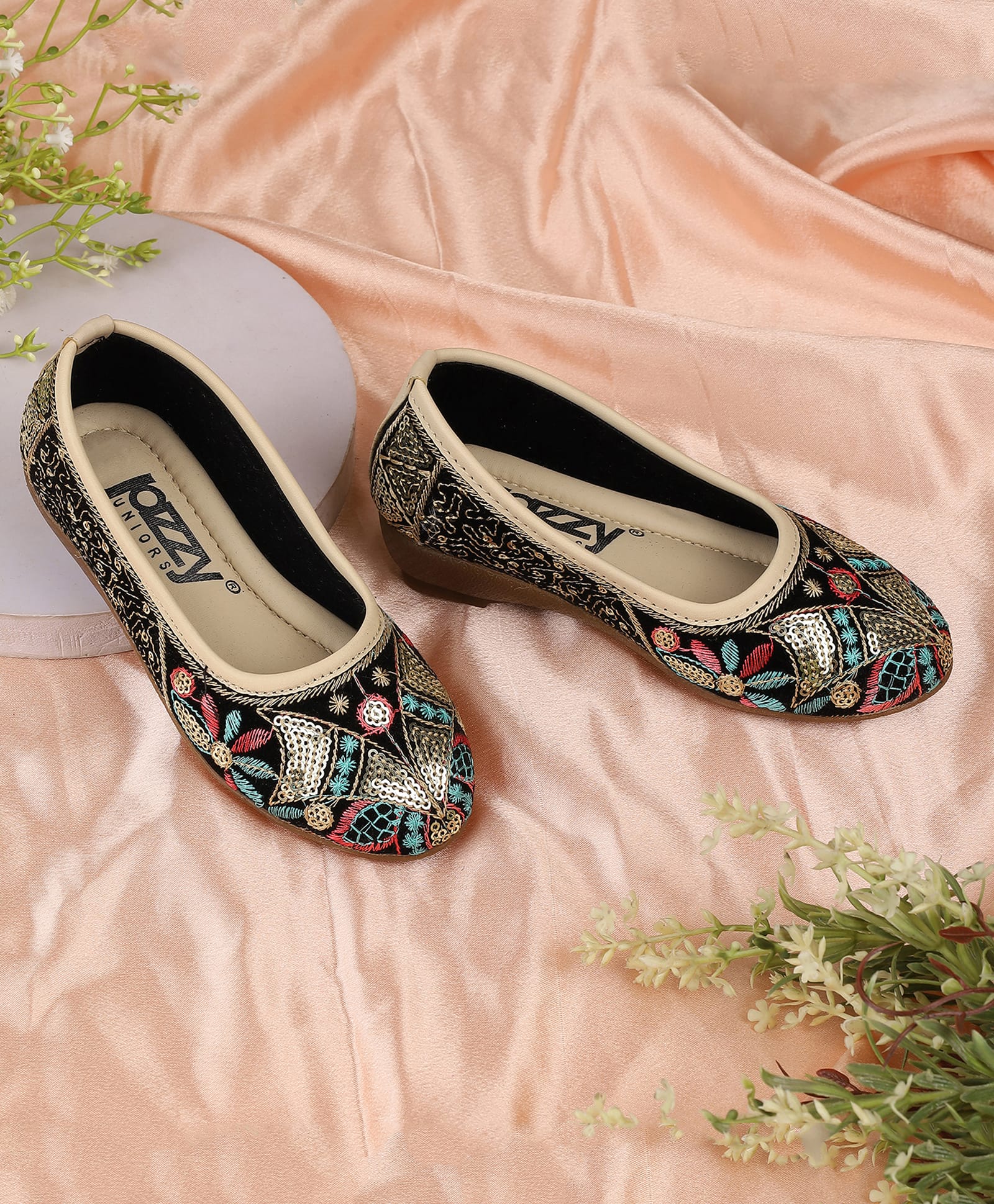 Jazzy Juniors Sequins Embellished Floral Embroidered Ballerinas - Beige-image-7
