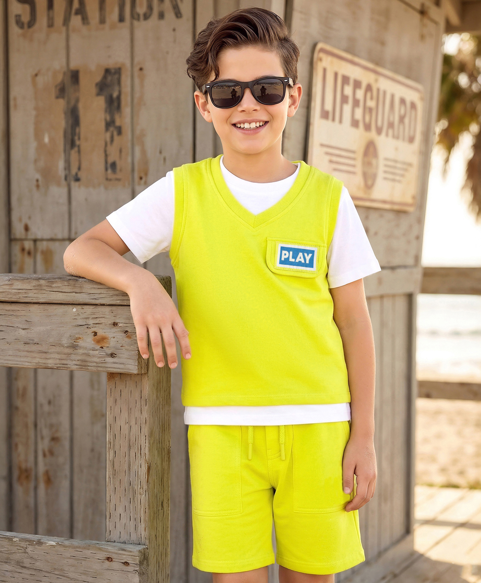 OLLINGTON ST. Cotton Knit Sleeveless Vest With Inner T-Shirt & Shorts - Limegreen & White-picture-21