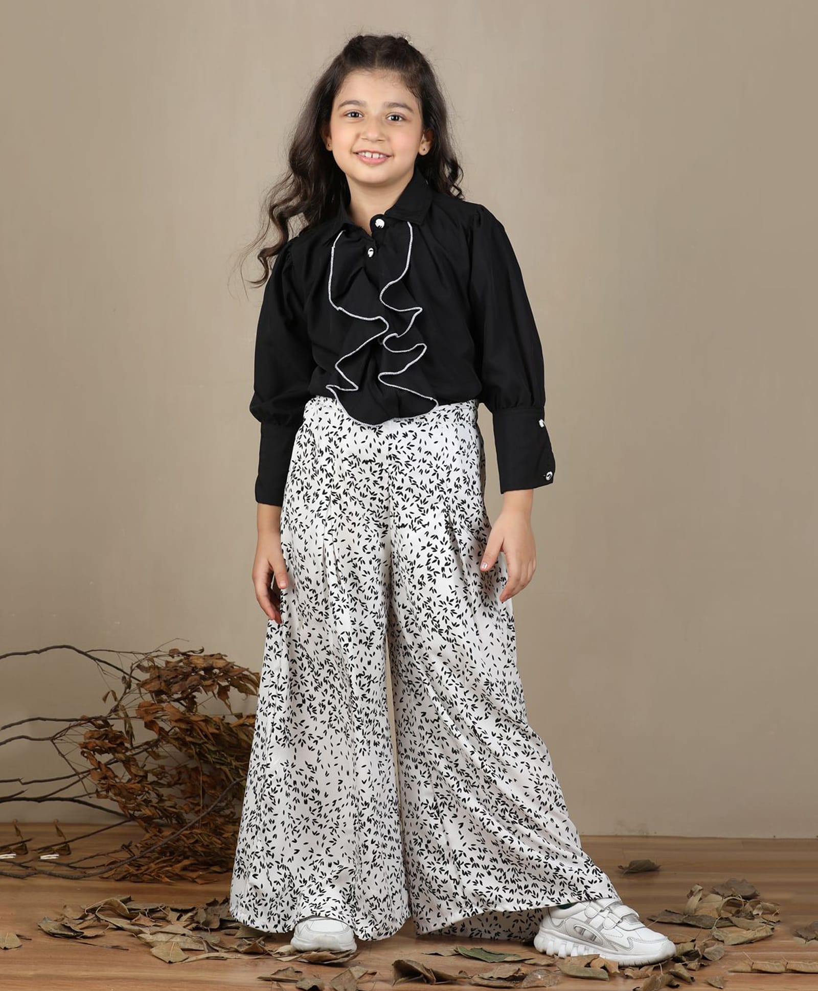 Cutiekins Woven Full Sleeves Frill Detailed Top & Abstract Printed Trousers Set - Black & White-picture-40