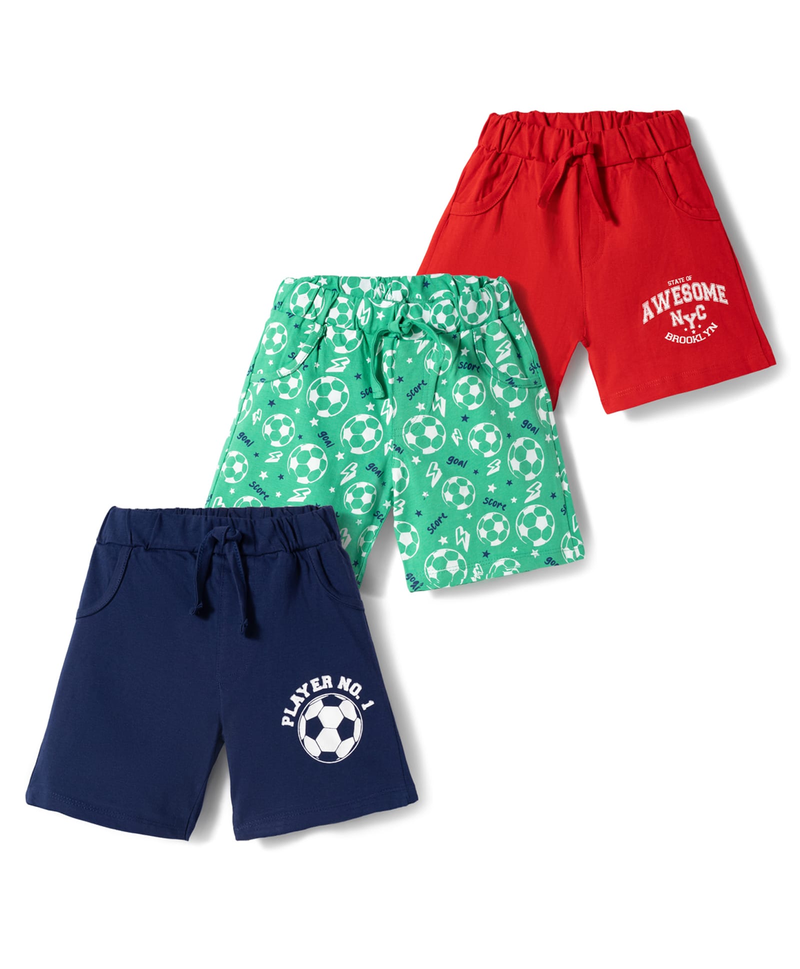 Doodle Poodle 100% Cotton Knit Knee Length Shorts with Sport Print Pack of 3 - Navy Blue Sea Green & Red-picture-12